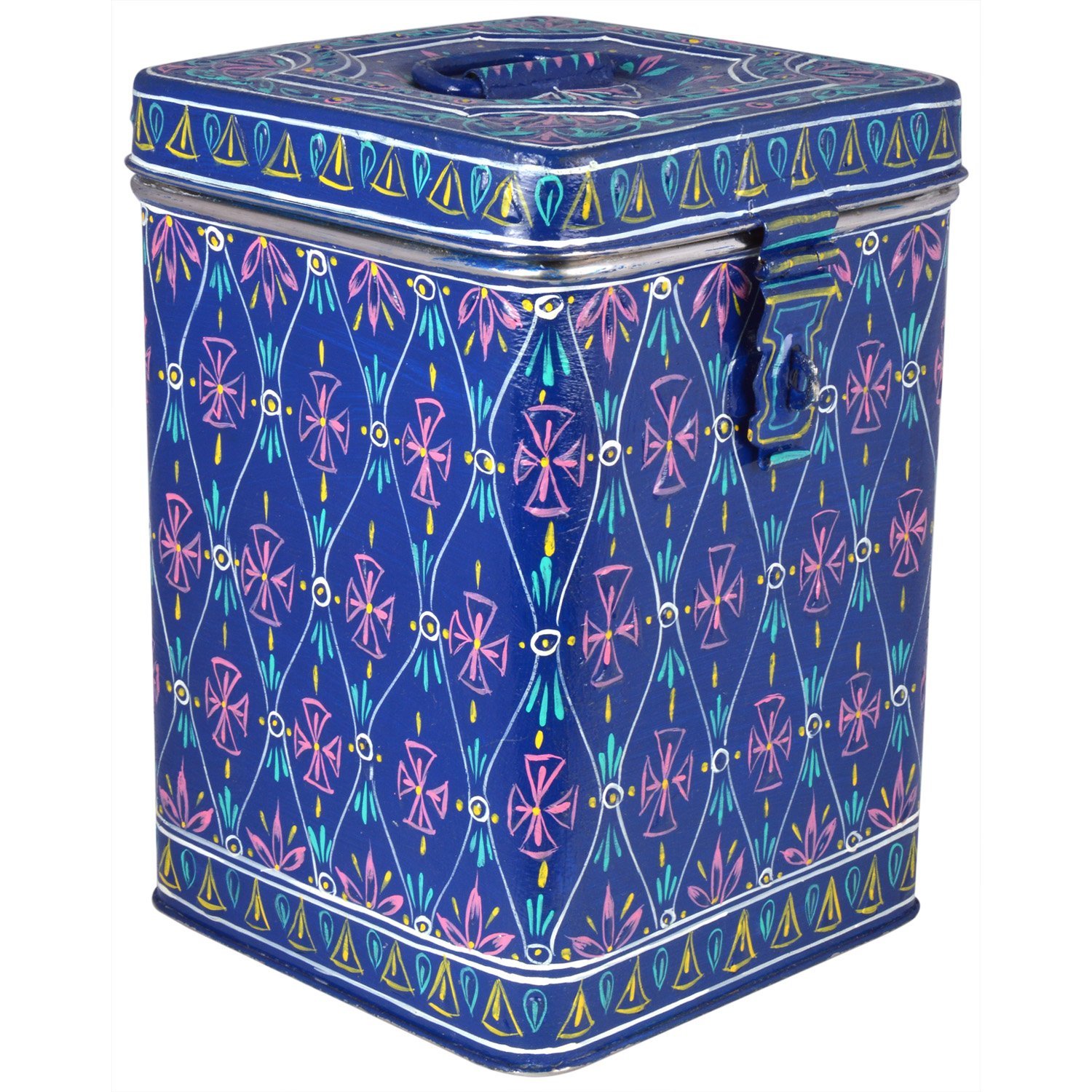 Hand Painted Canister:  Blue Stainless Steel Cookie Jar Hand Painted Canister:  Blue Stainless Steel Cookie Jar