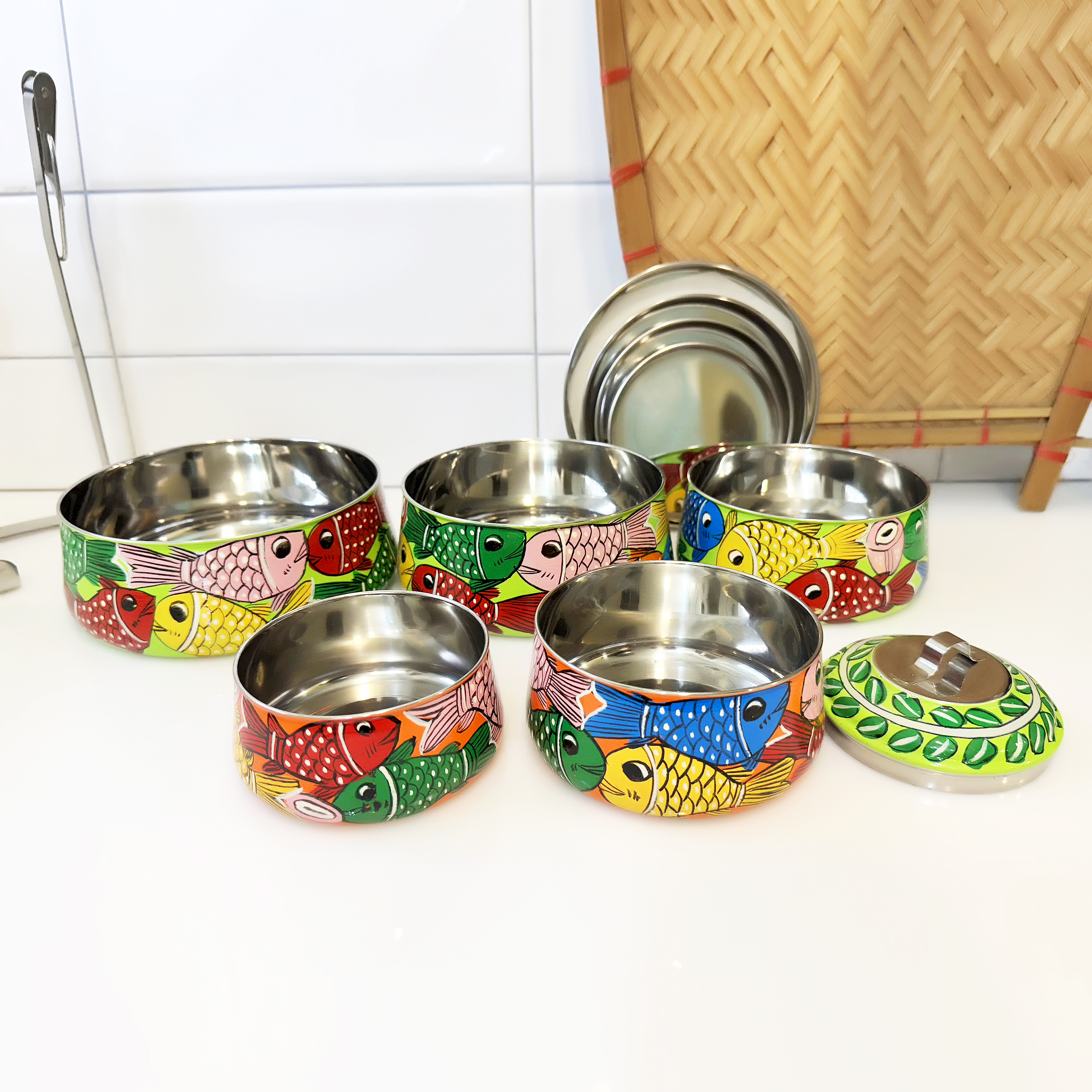 Hand-Painted Indian Folk Art Lunch Box – 5 Tier Stainless Steel Pyramid Tiffin