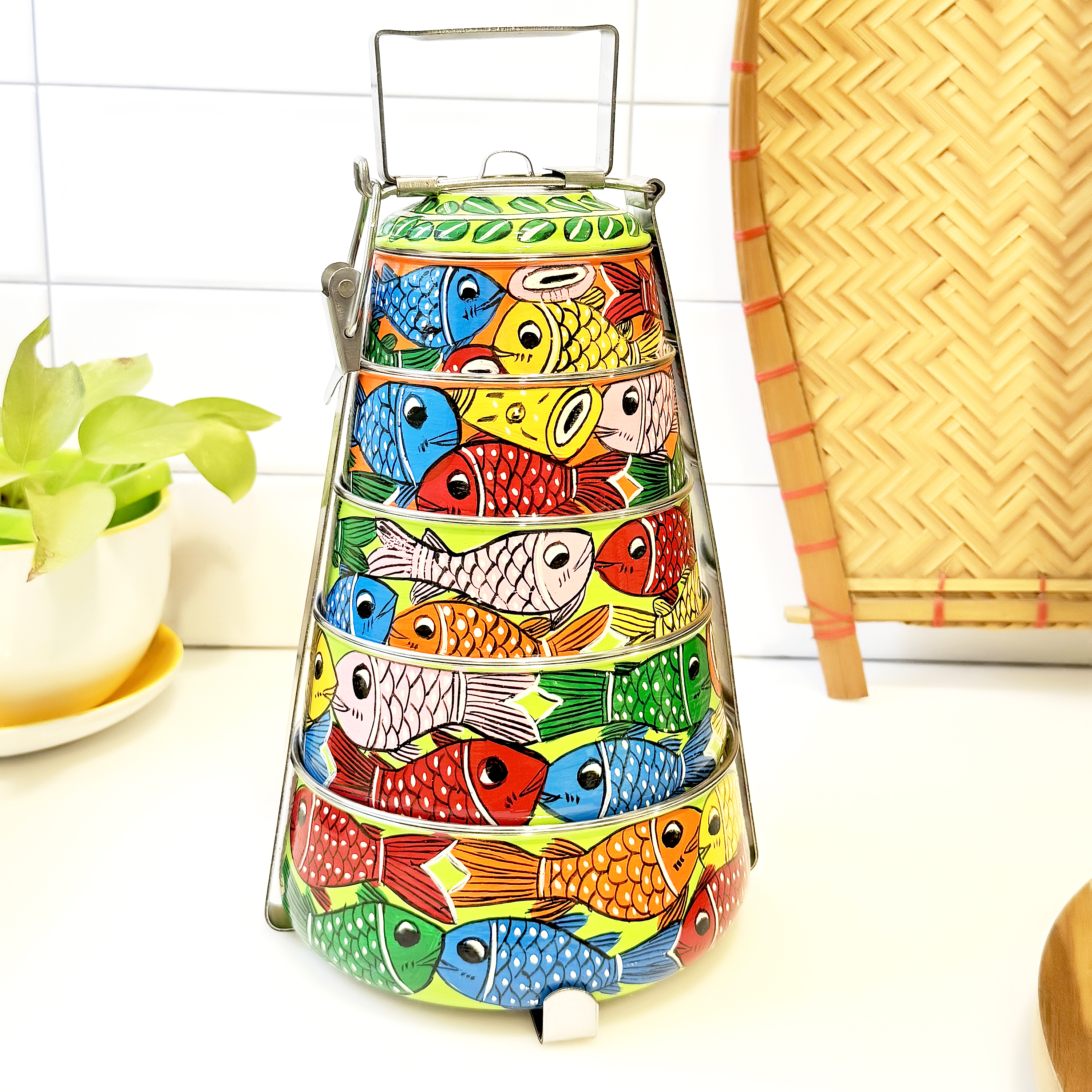 Hand-Painted Indian Folk Art Lunch Box – 5 Tier Stainless Steel Pyramid Tiffin Hand-Painted Indian Folk Art Lunch Box – 5 Tier Stainless Steel Pyramid Tiffin