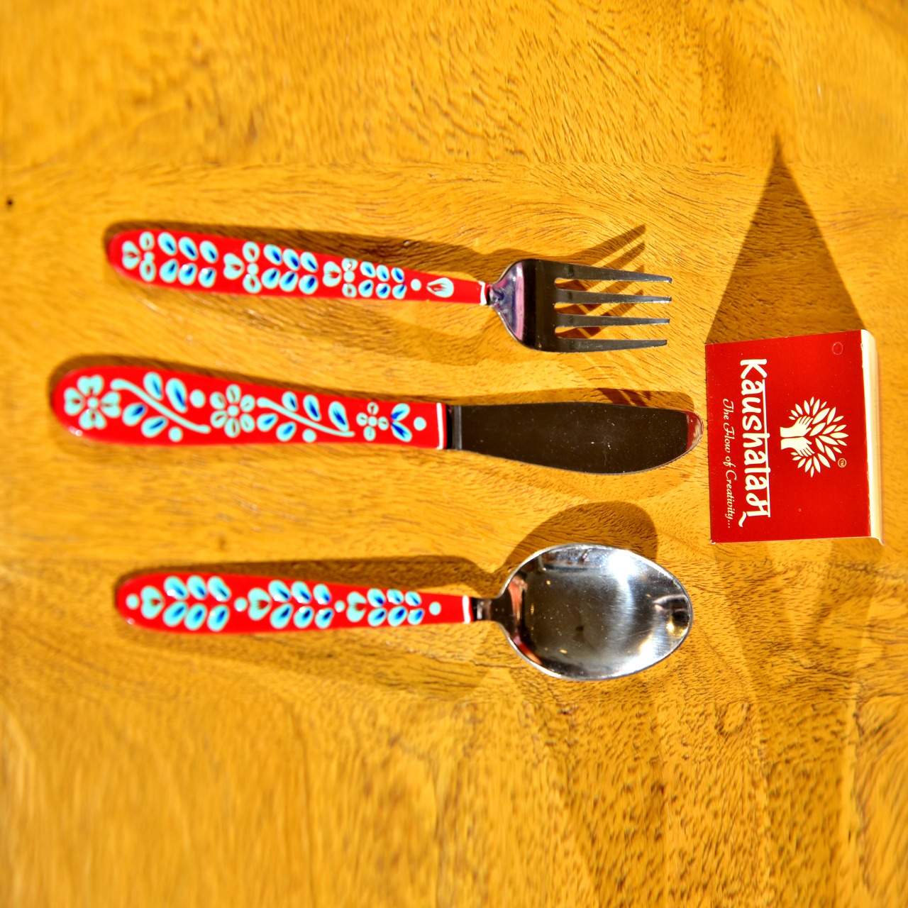Beautifully hand-painted cutlery set of spoon, fork, knife