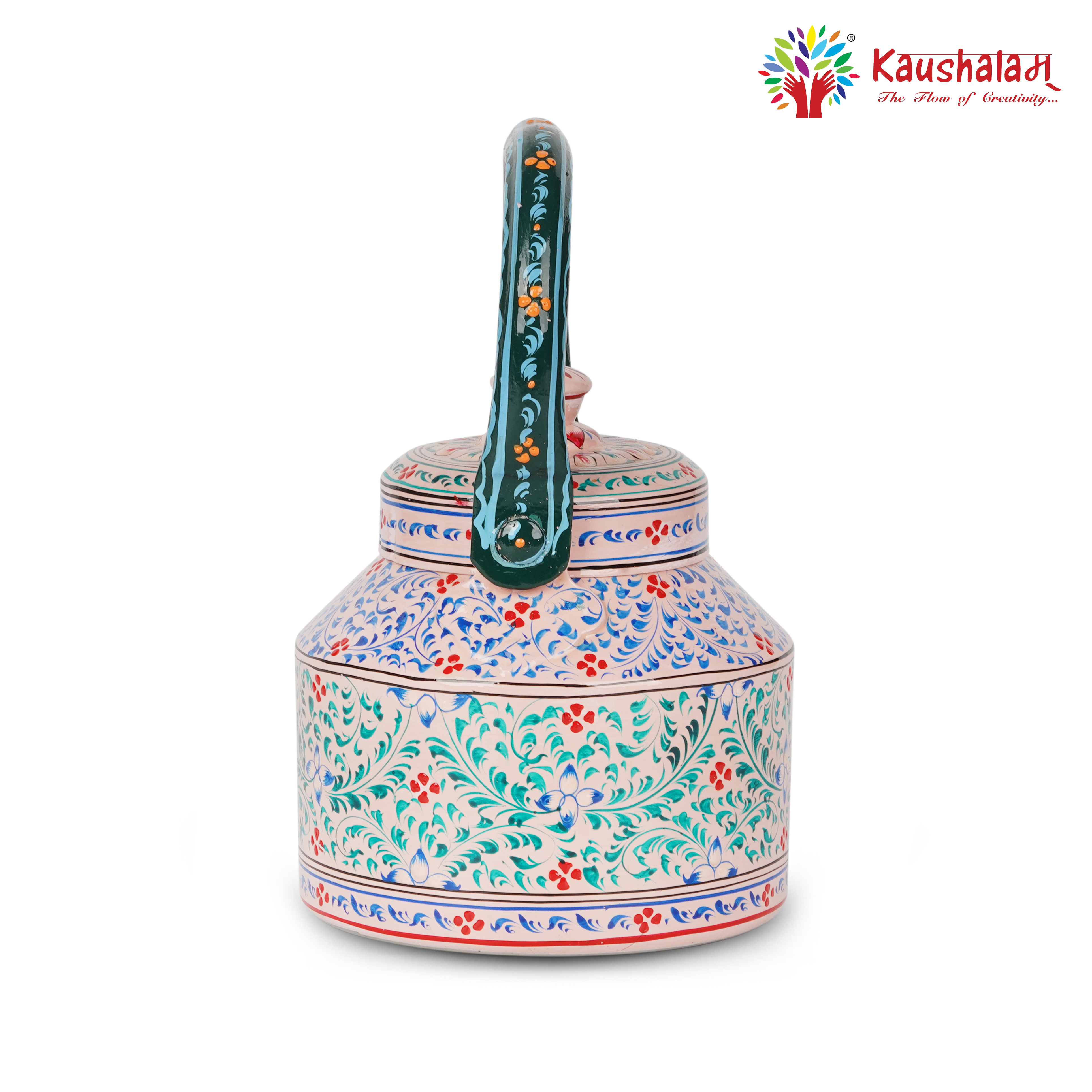 Hand Painted Stainless Steel Tea Kettle: Pink City Mughal Art
