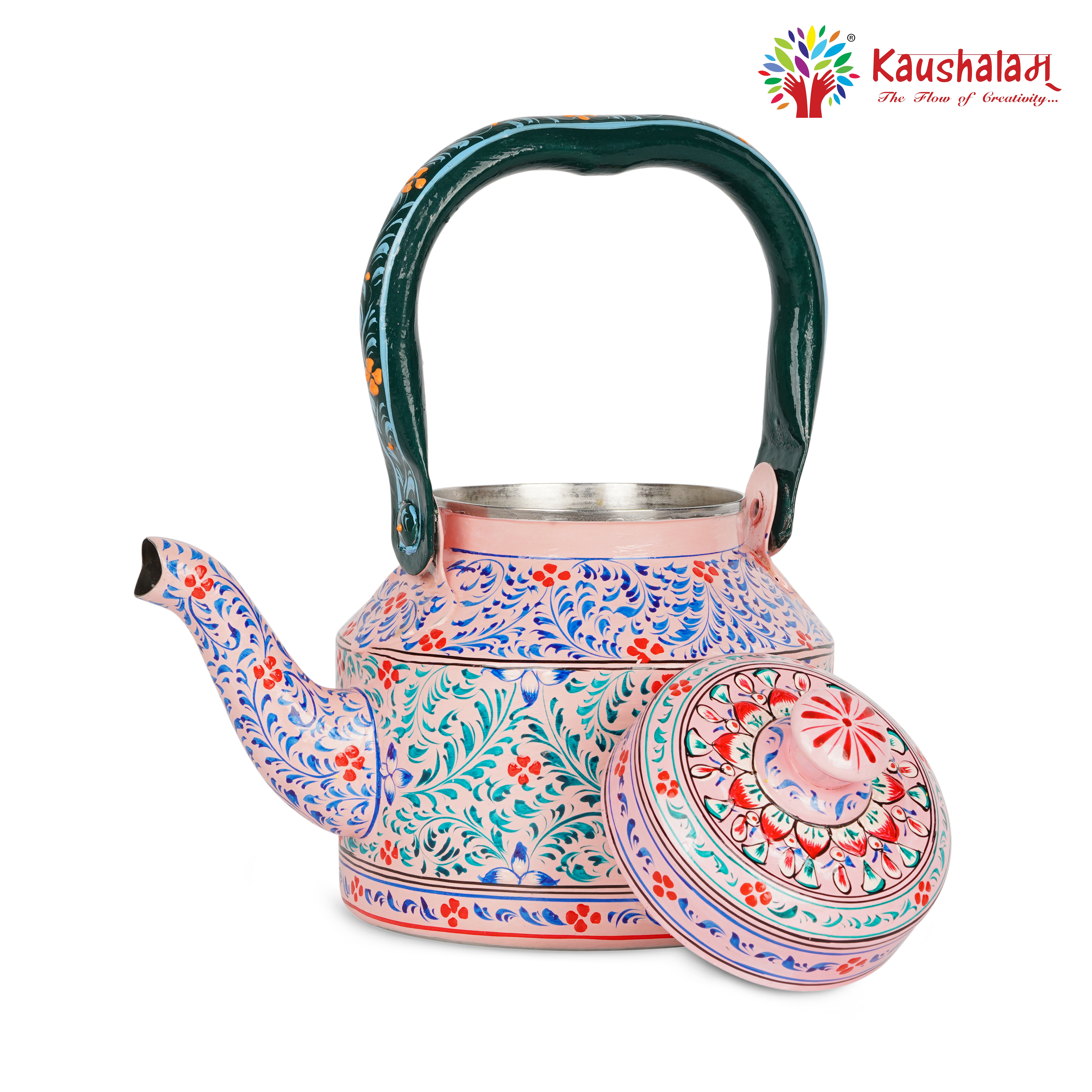 Hand Painted Stainless Steel Tea Kettle: Pink City Mughal Art