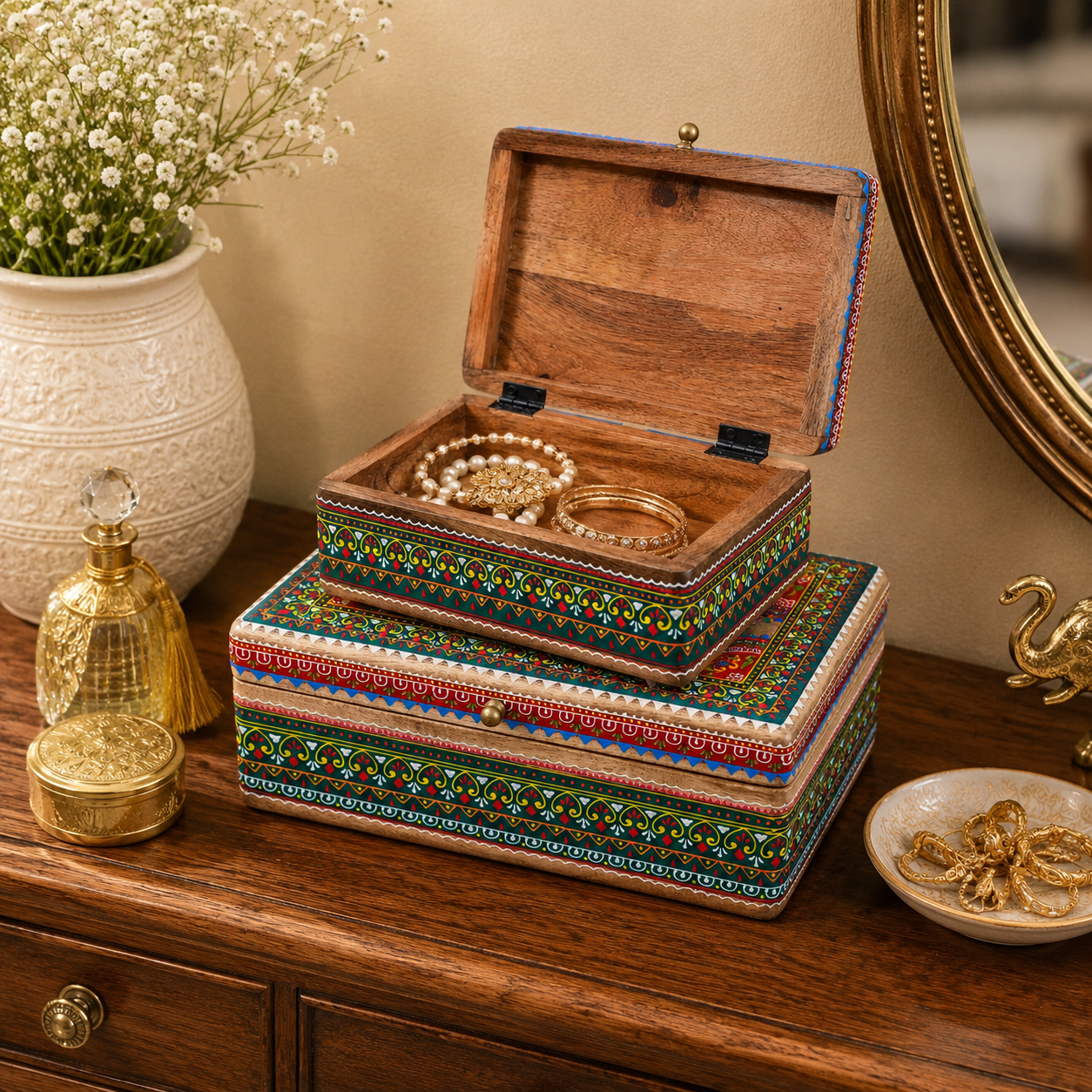 Hand Painted Boxes Set of Two: Indian Treasure Chests