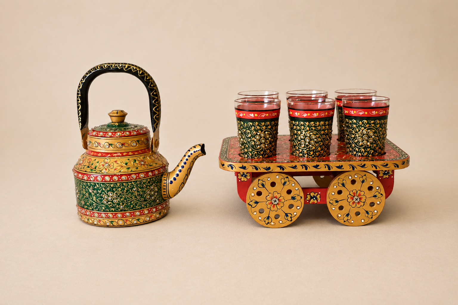 MEHFIL – Luxury Tea Cart Set with Crystal Work | Kettle, 6 Glasses & Serving Cart