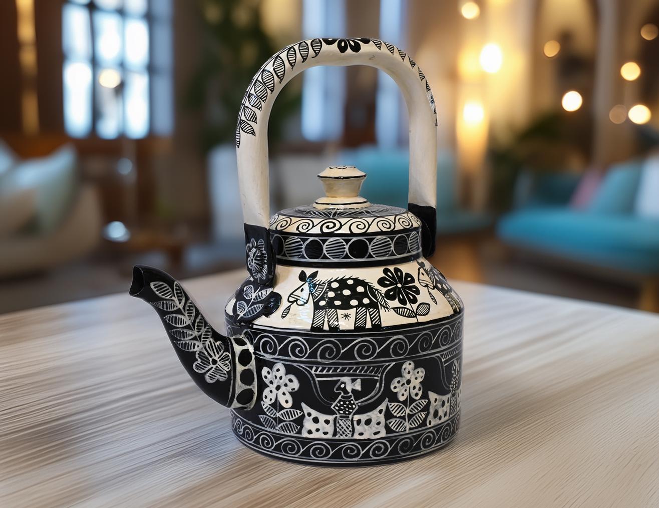 REKHA – Madhubani Hand-Painted Tea Cart Set | Kettle, 6 Glasses & Serving Cart