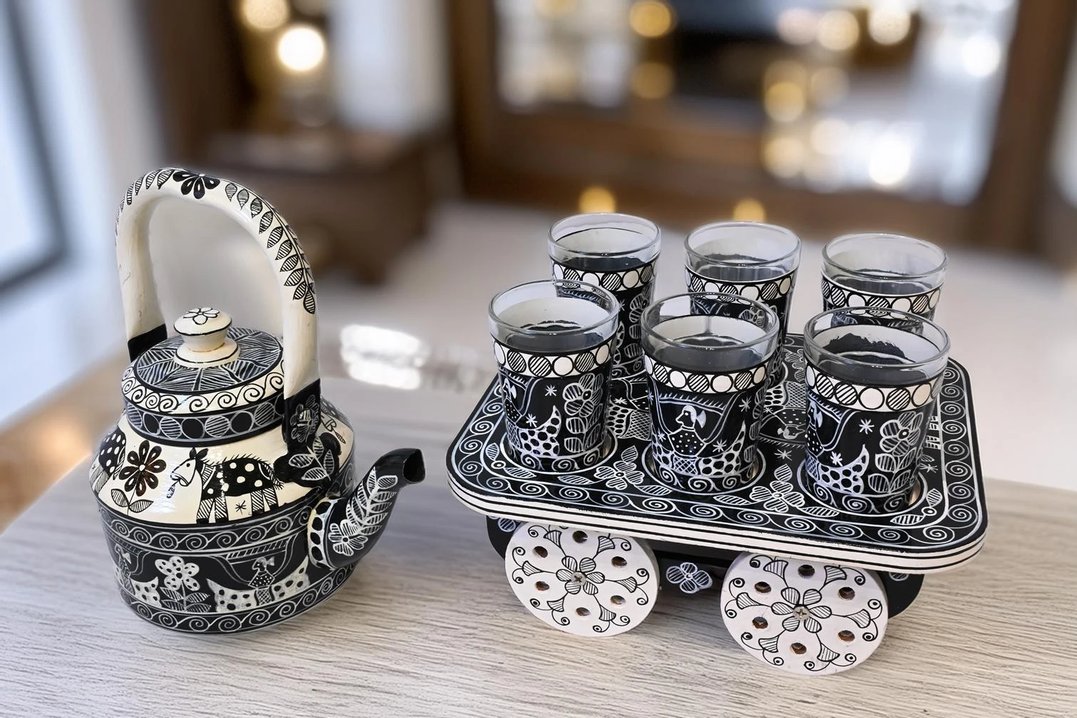 REKHA – Madhubani Hand-Painted Tea Cart Set | Kettle, 6 Glasses & Serving Cart