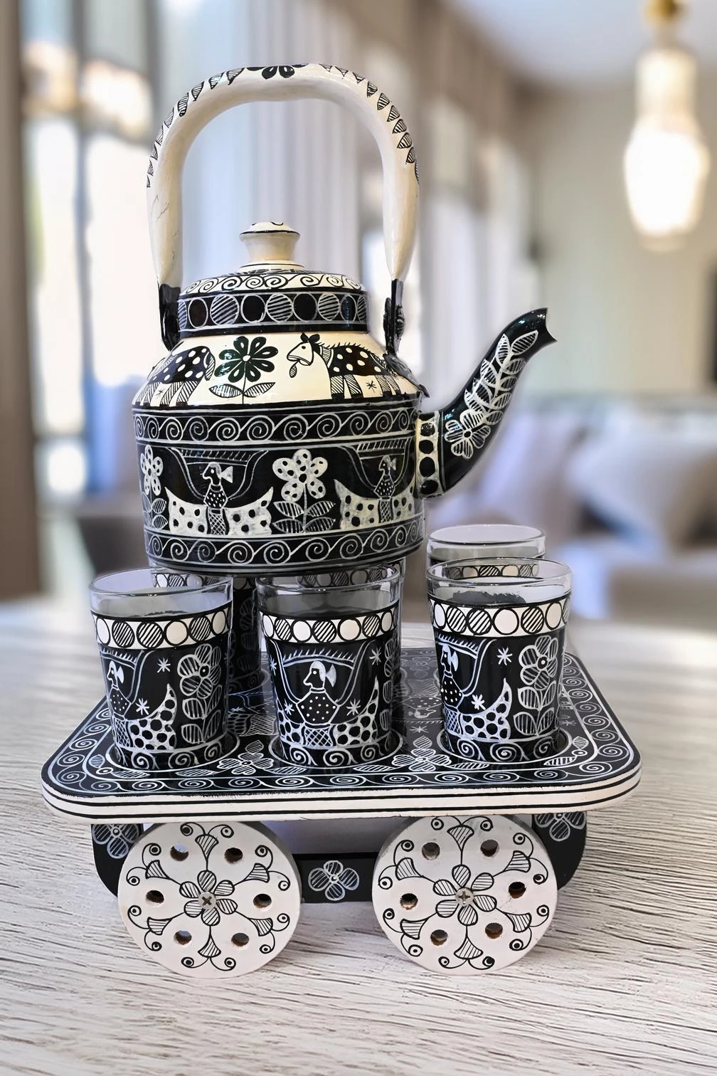 REKHA – Madhubani Hand-Painted Tea Cart Set | Kettle, 6 Glasses & Serving Cart