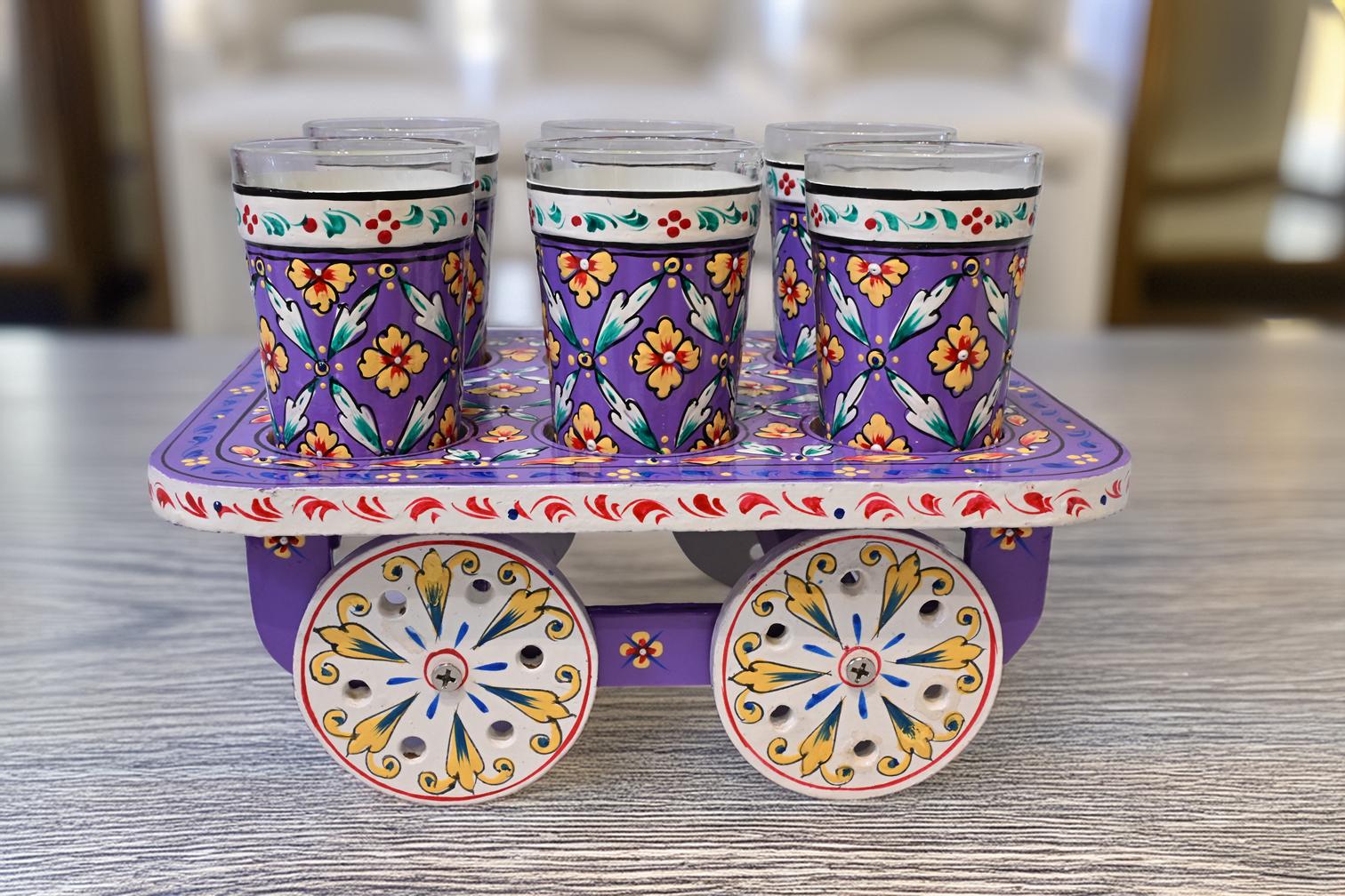 UTSAV – Hand-Painted Tea Cart Set | Kettle, 6 Glasses & Serving Cart