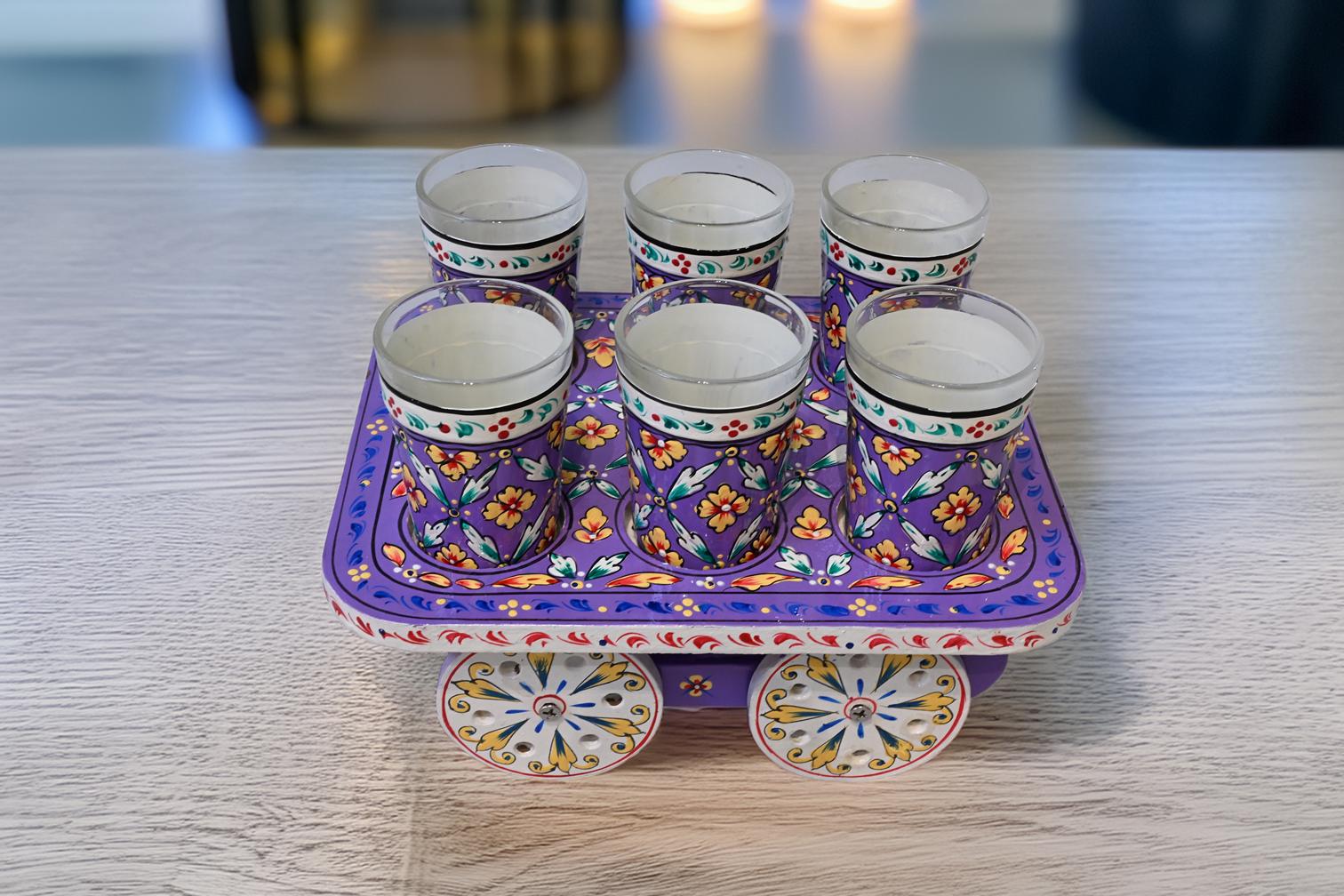 UTSAV – Hand-Painted Tea Cart Set | Kettle, 6 Glasses & Serving Cart