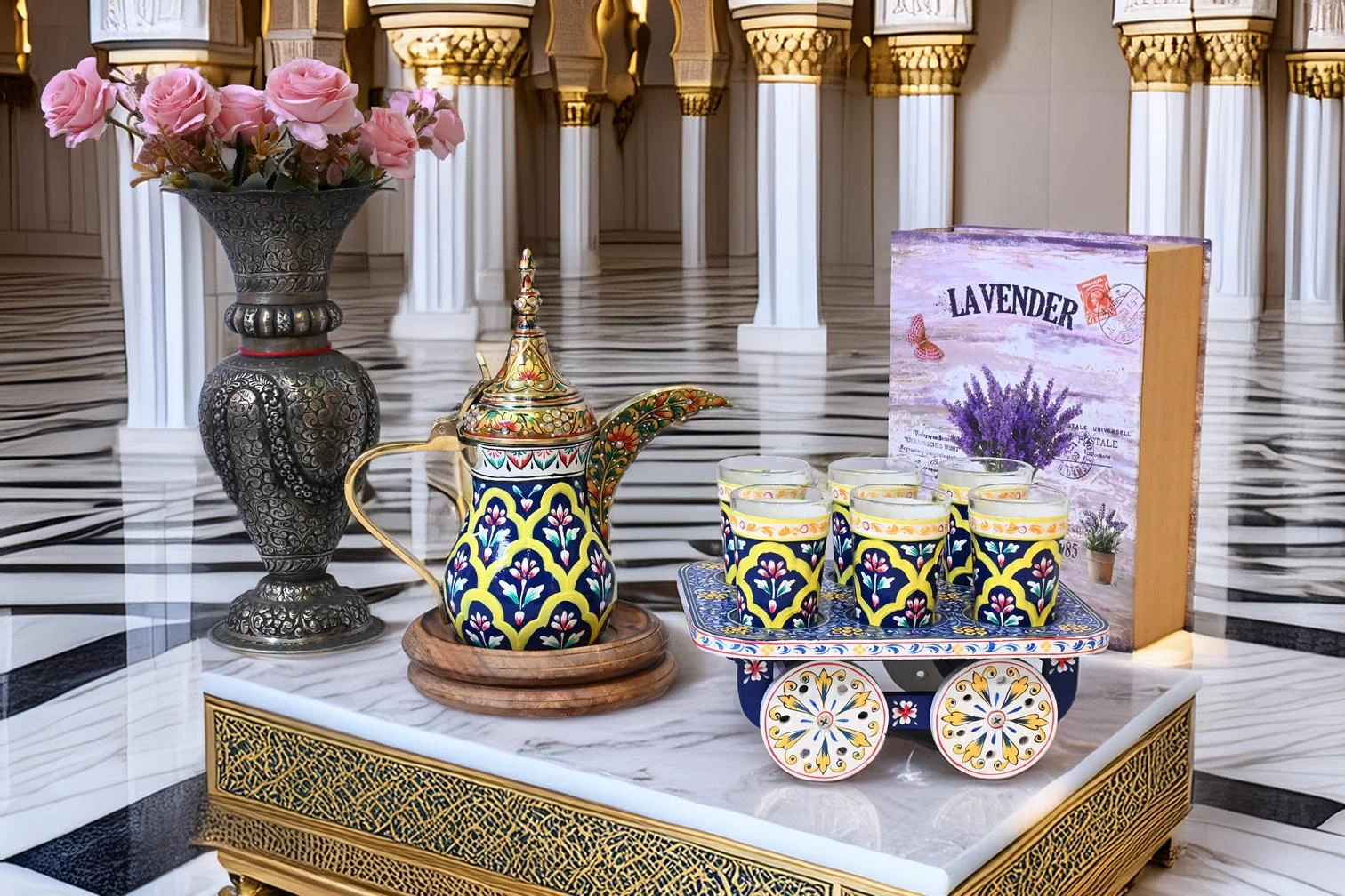 Jashn – Arabic Coffee Dallah Set with Tea Cart & 6 Glasses