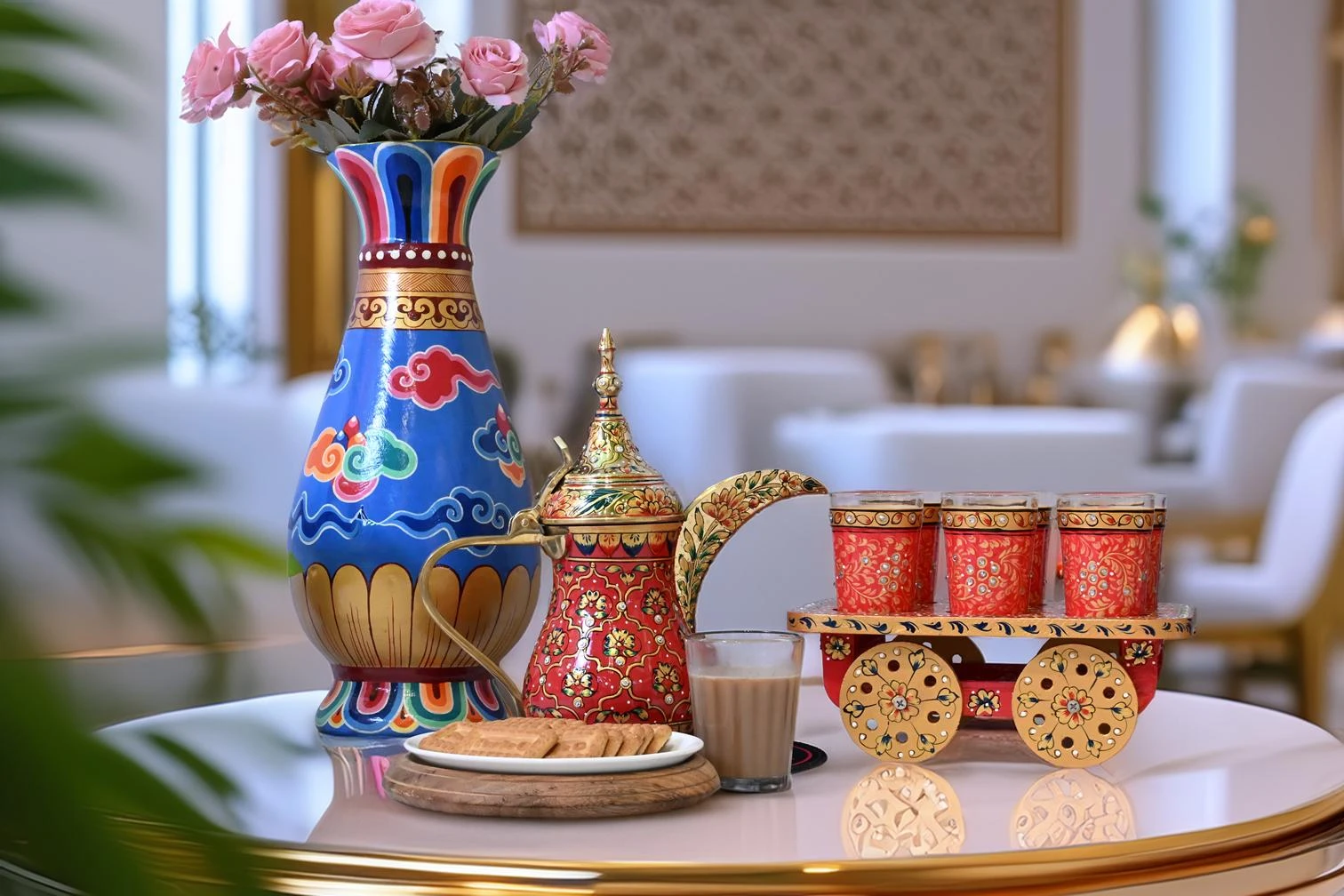 Amara – Hand-Painted Mughal Arabic Coffee Dallah Set with Tea Cart & 6 Glasses