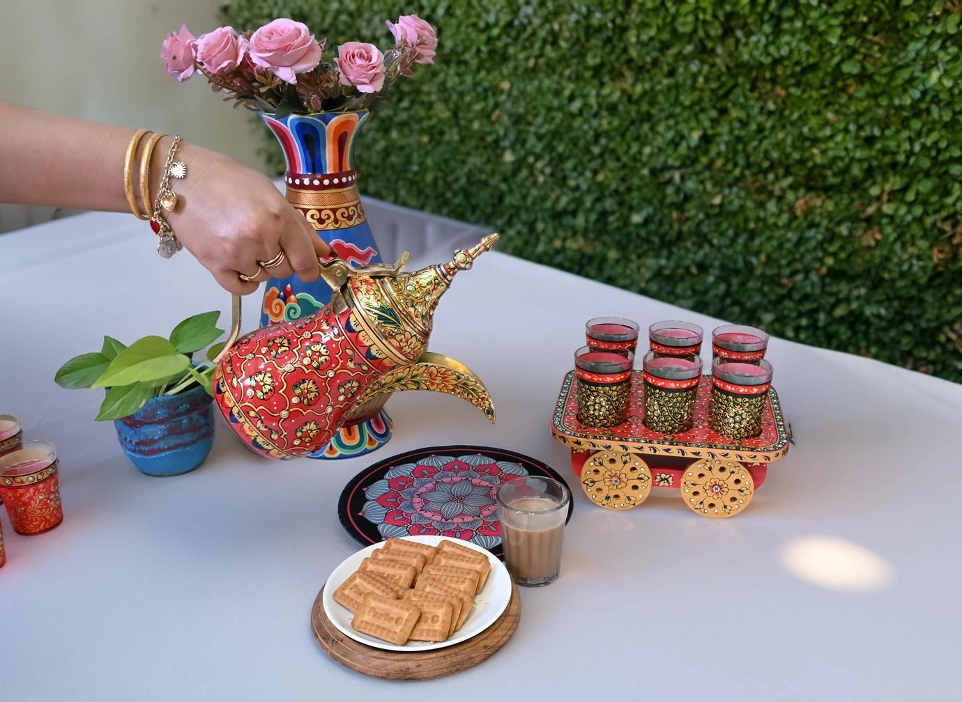 Zeenat – Hand-Painted Mughal Arabic Coffee Dallah Set with Tea Cart & 6 Glasses