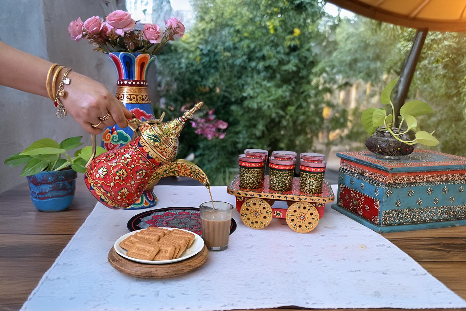 Zeenat – Hand-Painted Mughal Arabic Coffee Dallah Set with Tea Cart & 6 Glasses