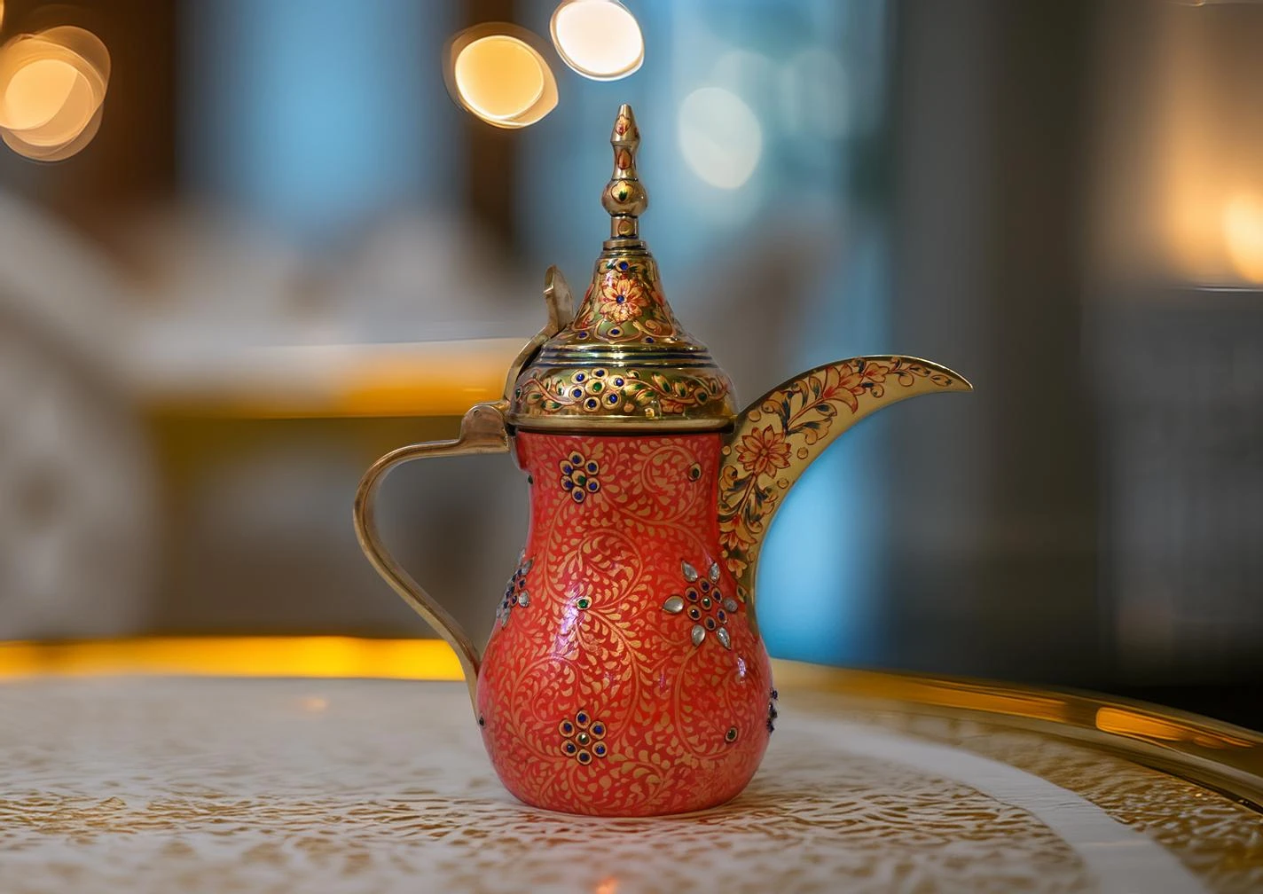 Surkh – Hand-Painted Mughal Arabic Coffee Dallah with Crystal Embellishments