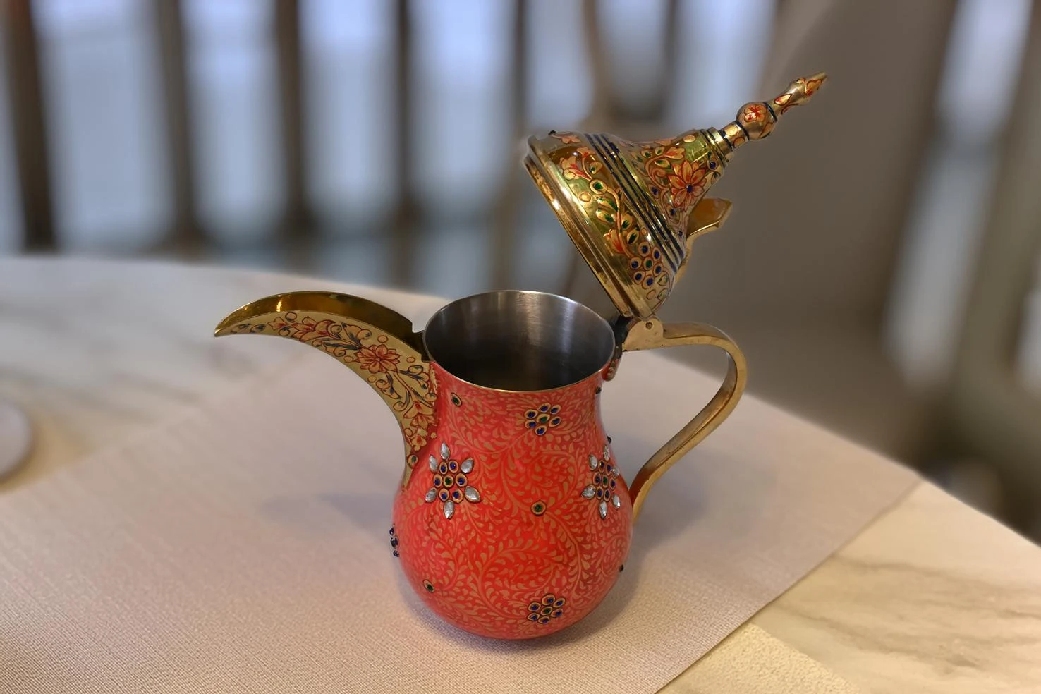 Surkh – Hand-Painted Mughal Arabic Coffee Dallah with Crystal Embellishments