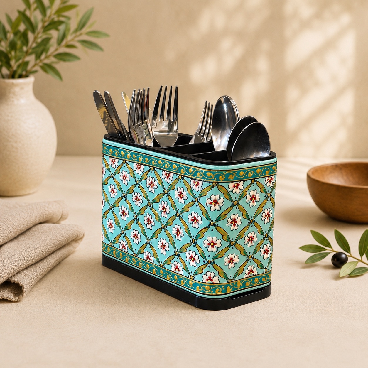 Hand painted floral utensil caddy with 4 divided compartments in turquoise and gold pattern, decorative cutlery organizer for spoons, forks, and knives.