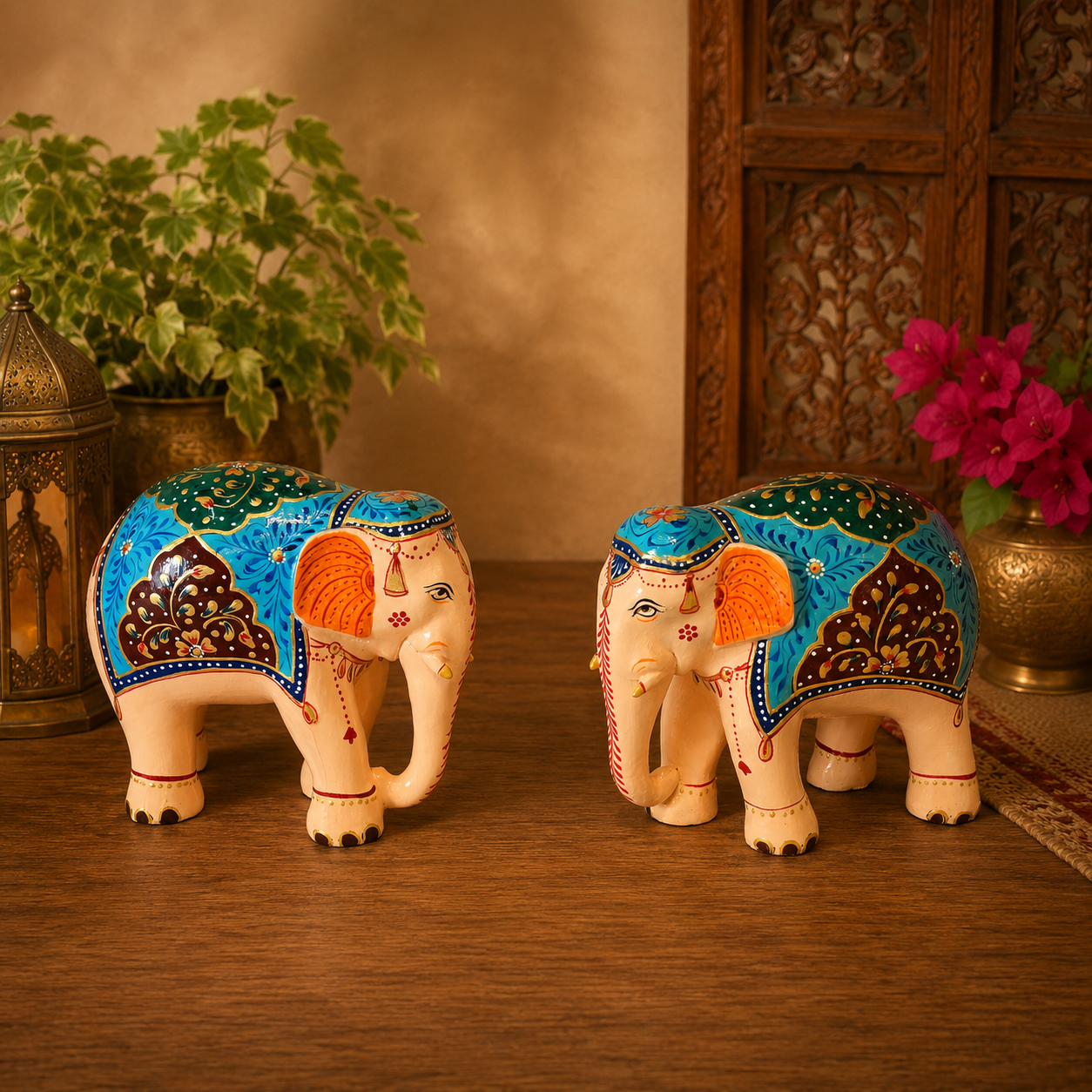 Hand-painted Mughal elephant set of 2 by Kaushalam artisans in decorative gift box, resin home décor figurines.