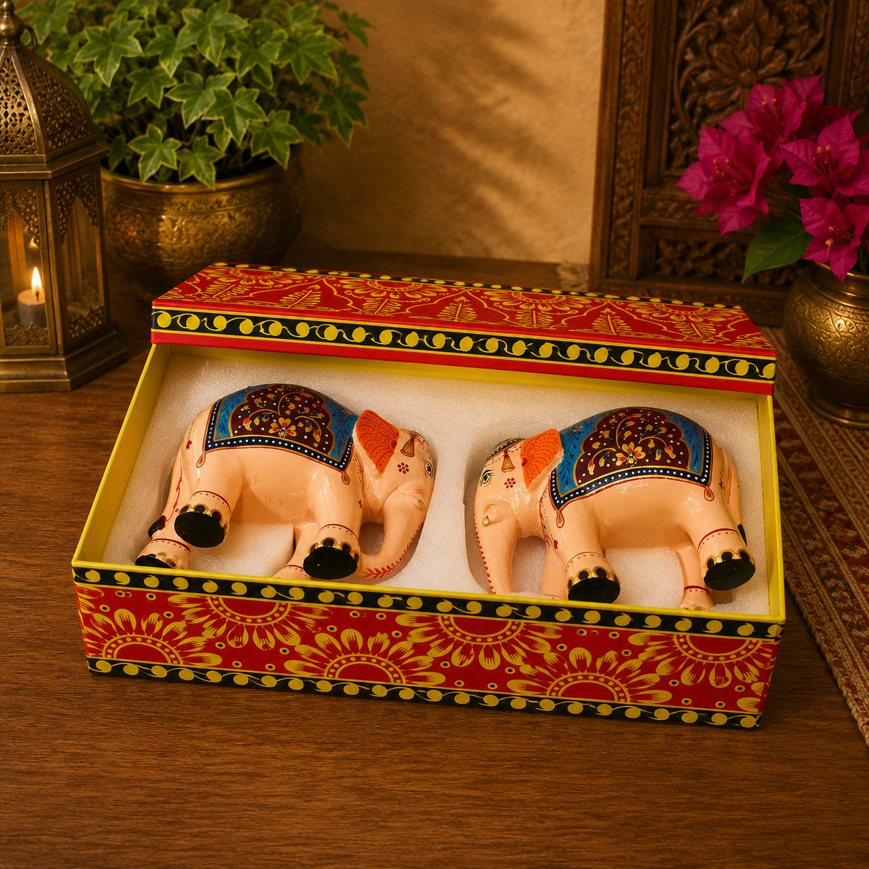 Hand-painted Mughal elephant set of 2 by Kaushalam artisans in decorative gift box, resin home décor figurines.