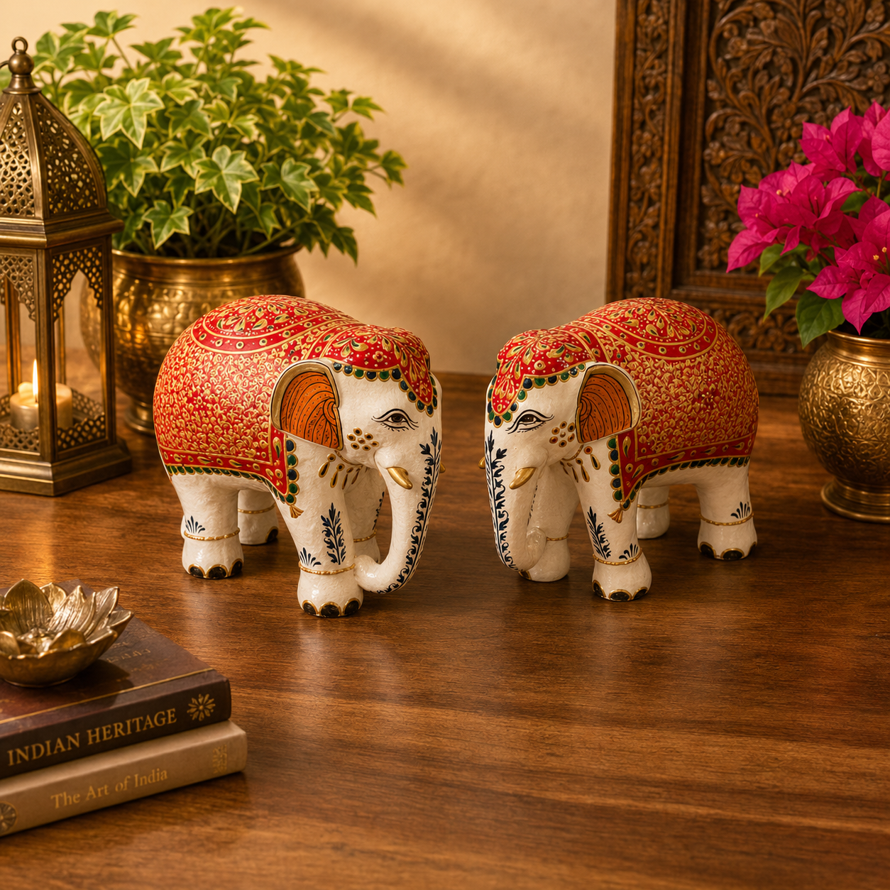 Hand-painted royal red Mughal elephant set of 2 with embossed artwork by Kaushalam artisans in a decorative gift box.