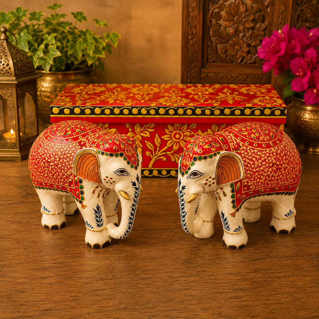 RATNARAJ GAJRAJ DUO – Hand-Painted Royal Red Elephant Set of 2 with Gift Box