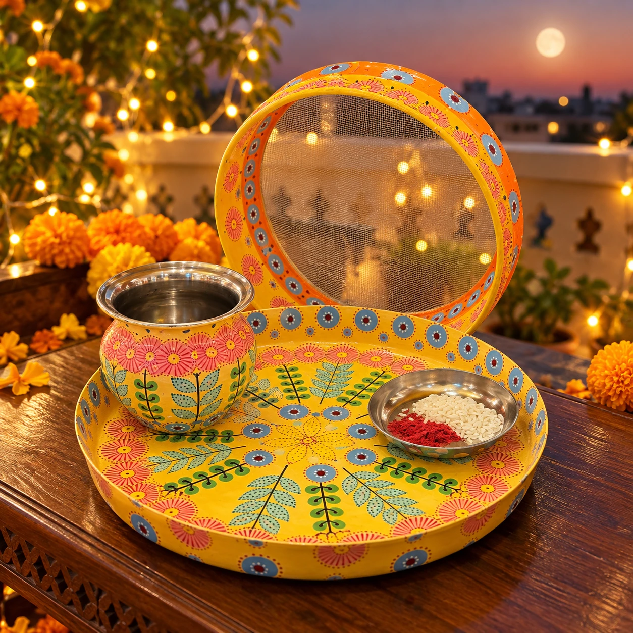 Hand Painted Karwa Chauth Thali Set of 4
