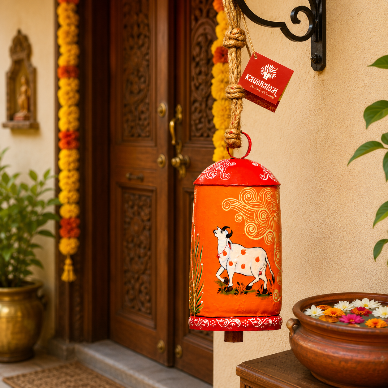 Hand Painted Cow Bell 10 Inches - Kesariya