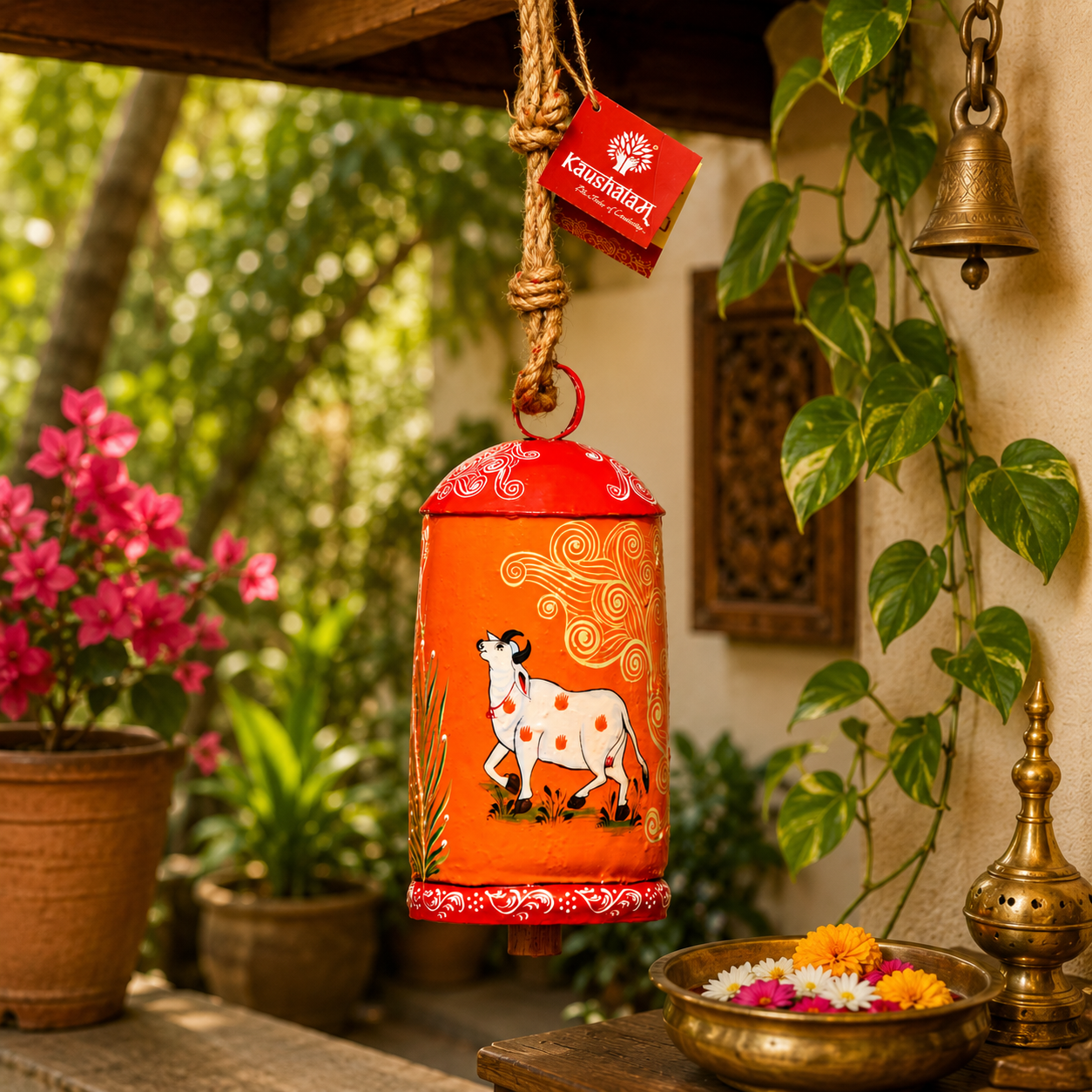 Hand Painted Cow Bell 10 Inches - Kesariya