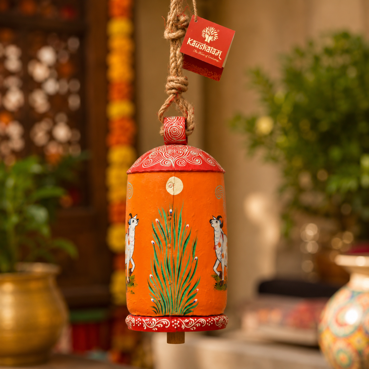 Hand Painted Cow Bell 10 Inches - Kesariya