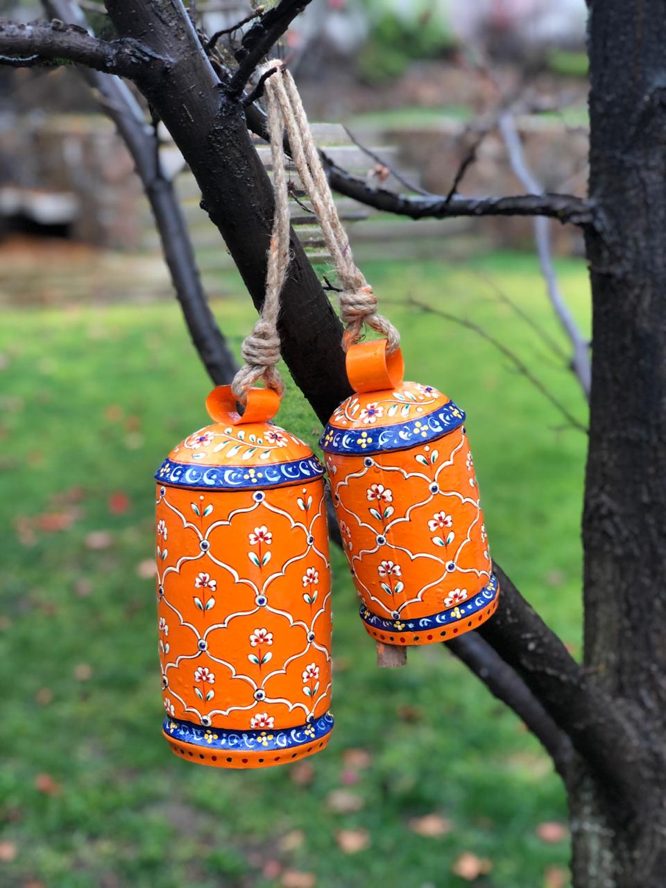 Hand Painted Cow Bells Set of 2: Kesariya