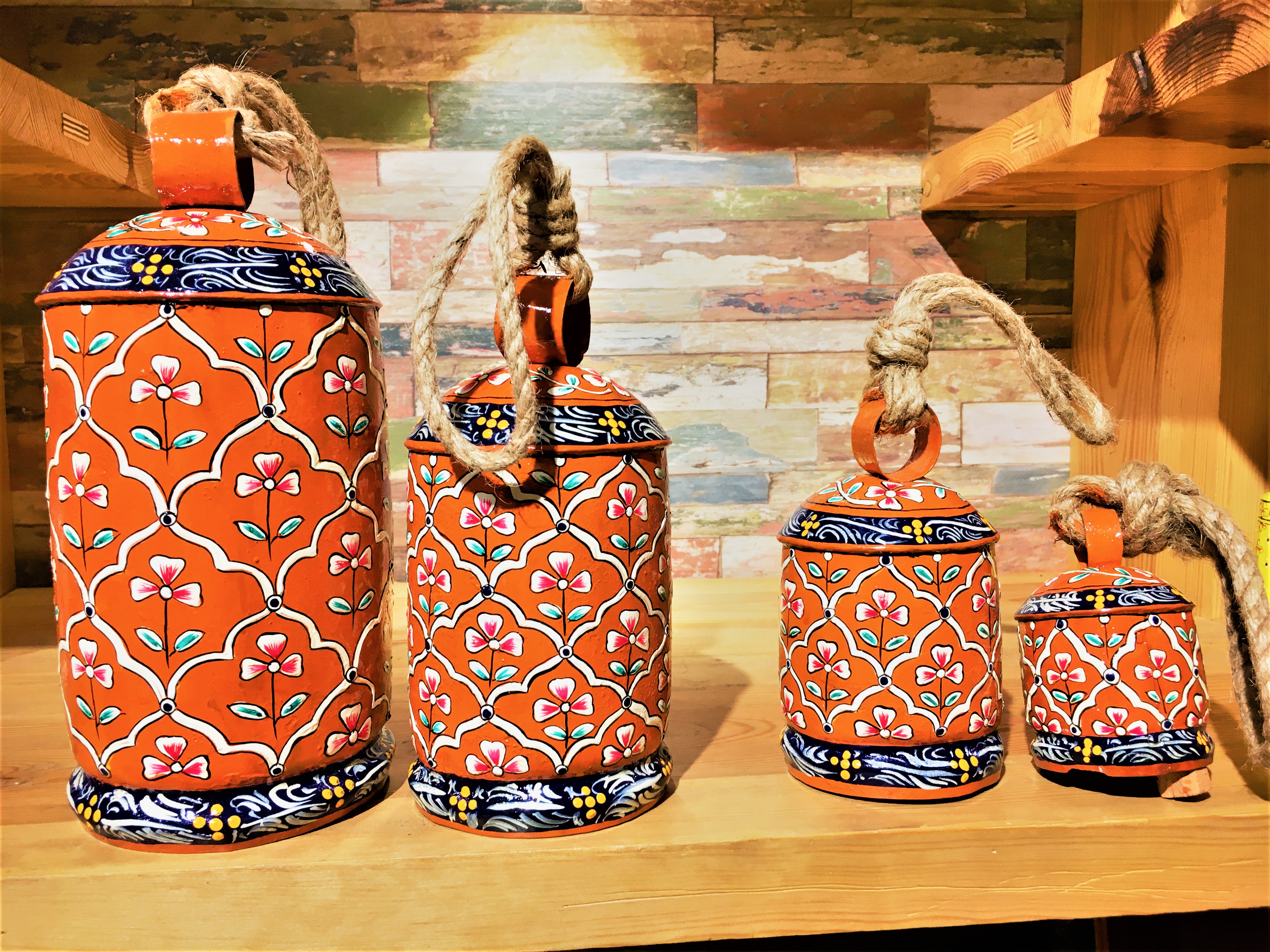 Hand Painted Cow Bells Set of 2: Kesariya