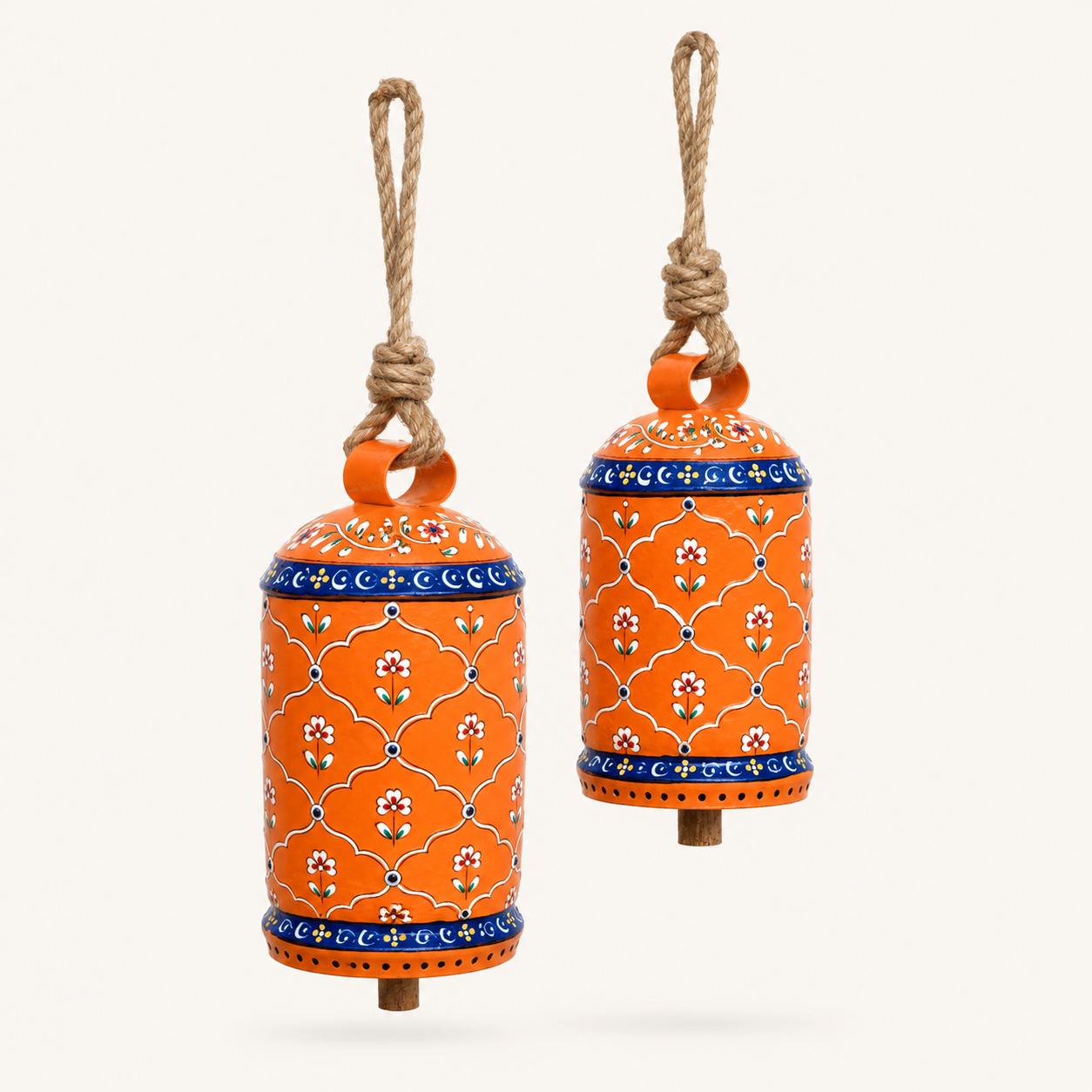 Hand Painted Cow Bells Set of 2: Kesariya