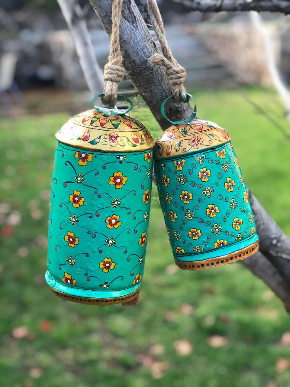 Hand Painted Cow Bells Set of 2: Persian Green