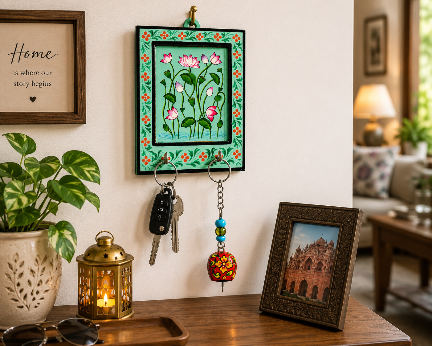 Indian folk art lotus key holder displayed in a stylish home entrance.