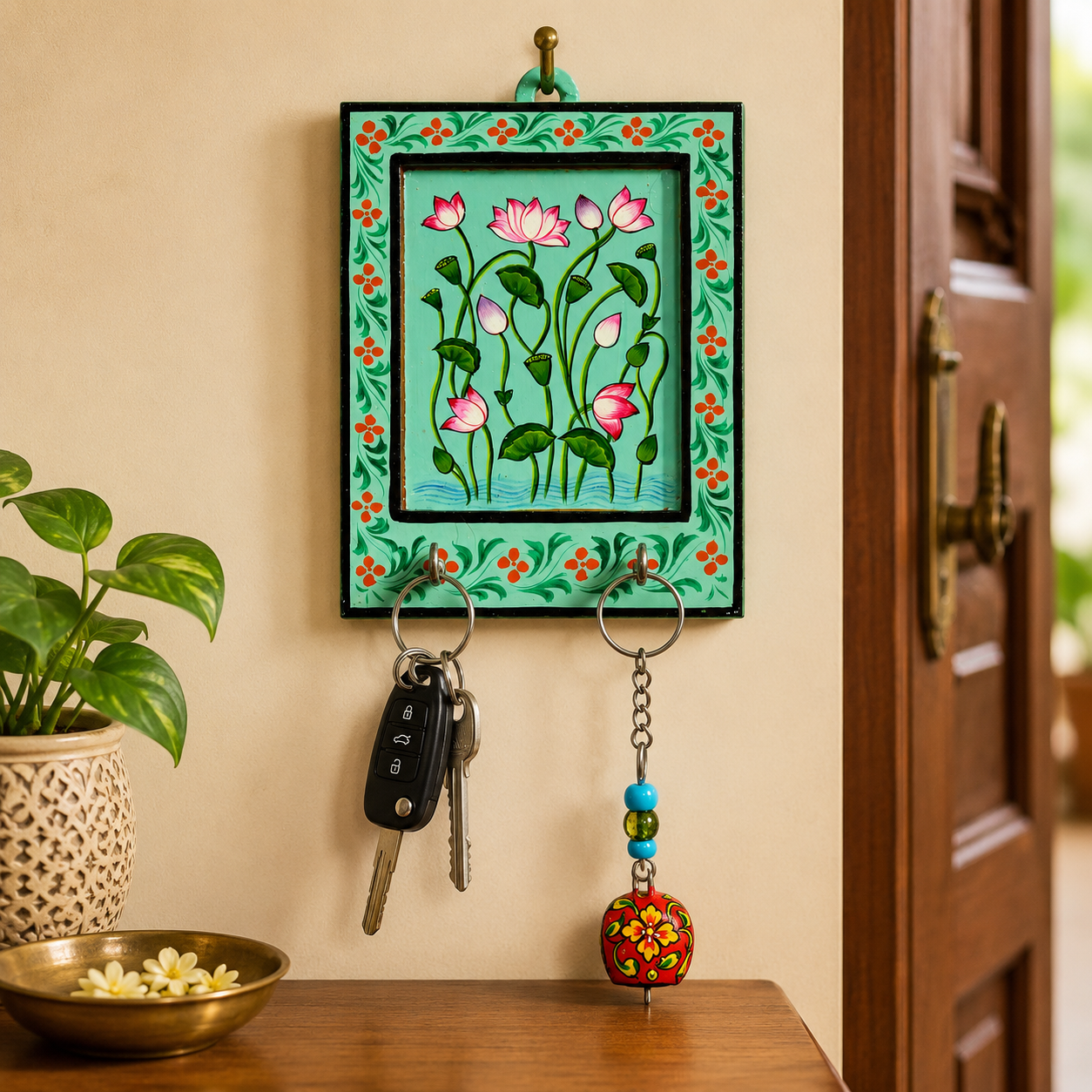 Hand painted lotus key holder mounted on wall with keys hanging from steel hooks.