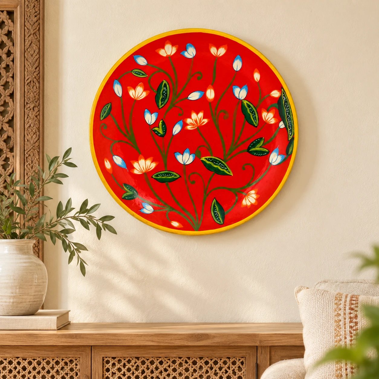 Wall Decor Ceramic Wall Plate : Red Floral Pichwai Art