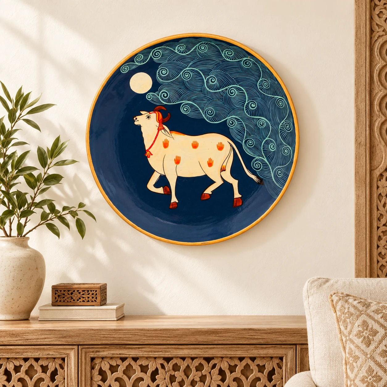Hand Painted Wall Decor Plate :  Cow pichwai Art