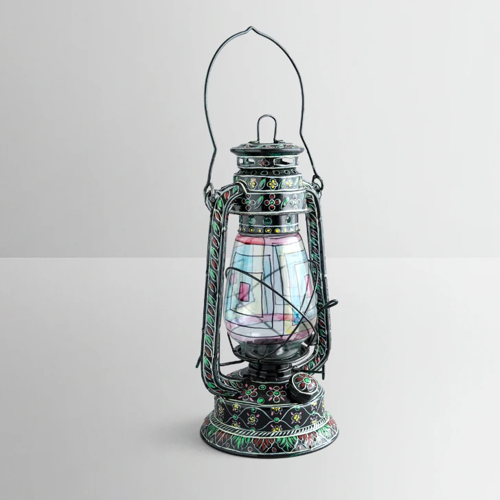 Nisha Hand-Painted Oil Lantern – Black Floral Hurricane Light
