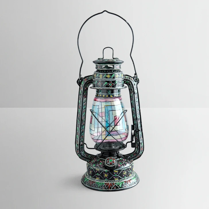 Nisha Hand-Painted Oil Lantern – Black Floral Hurricane Light
