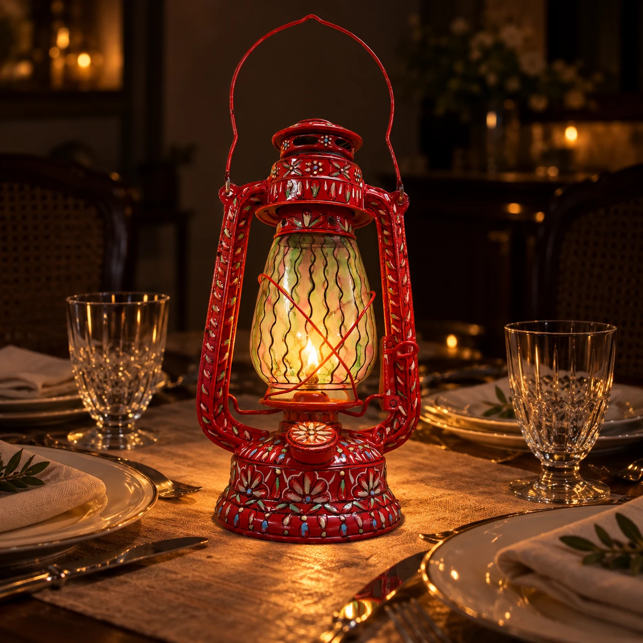Hand Painted Lantern Lamp  -  Red