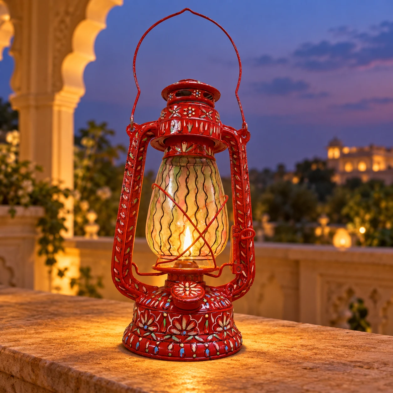Hand Painted Lantern Lamp  -  Red