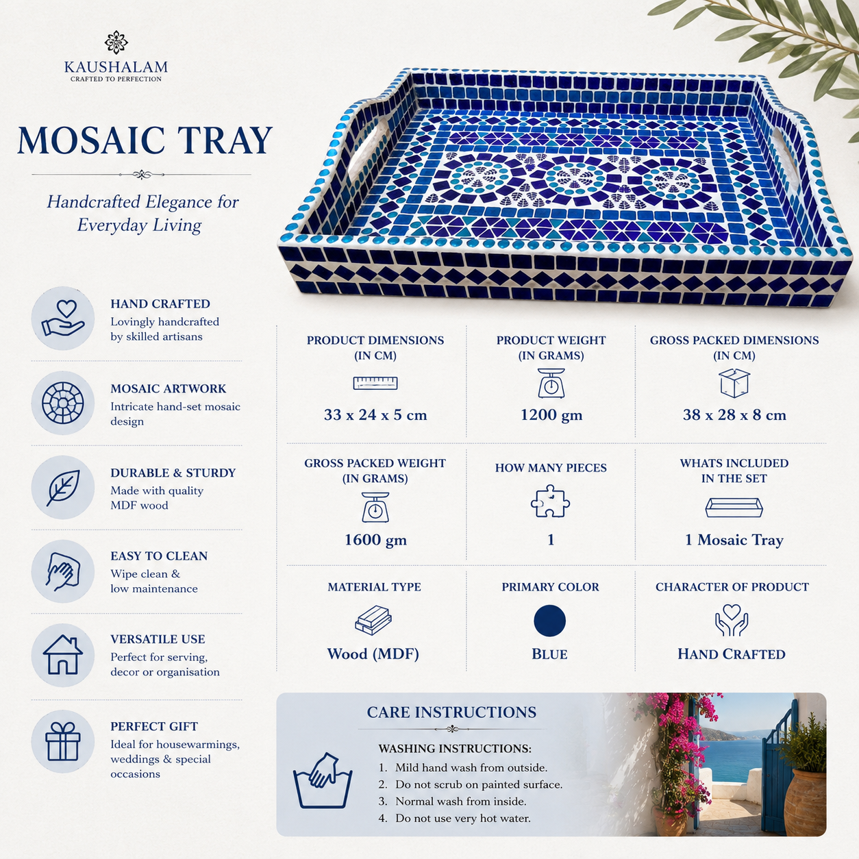 Mosaic Art Blue Serving Tray
