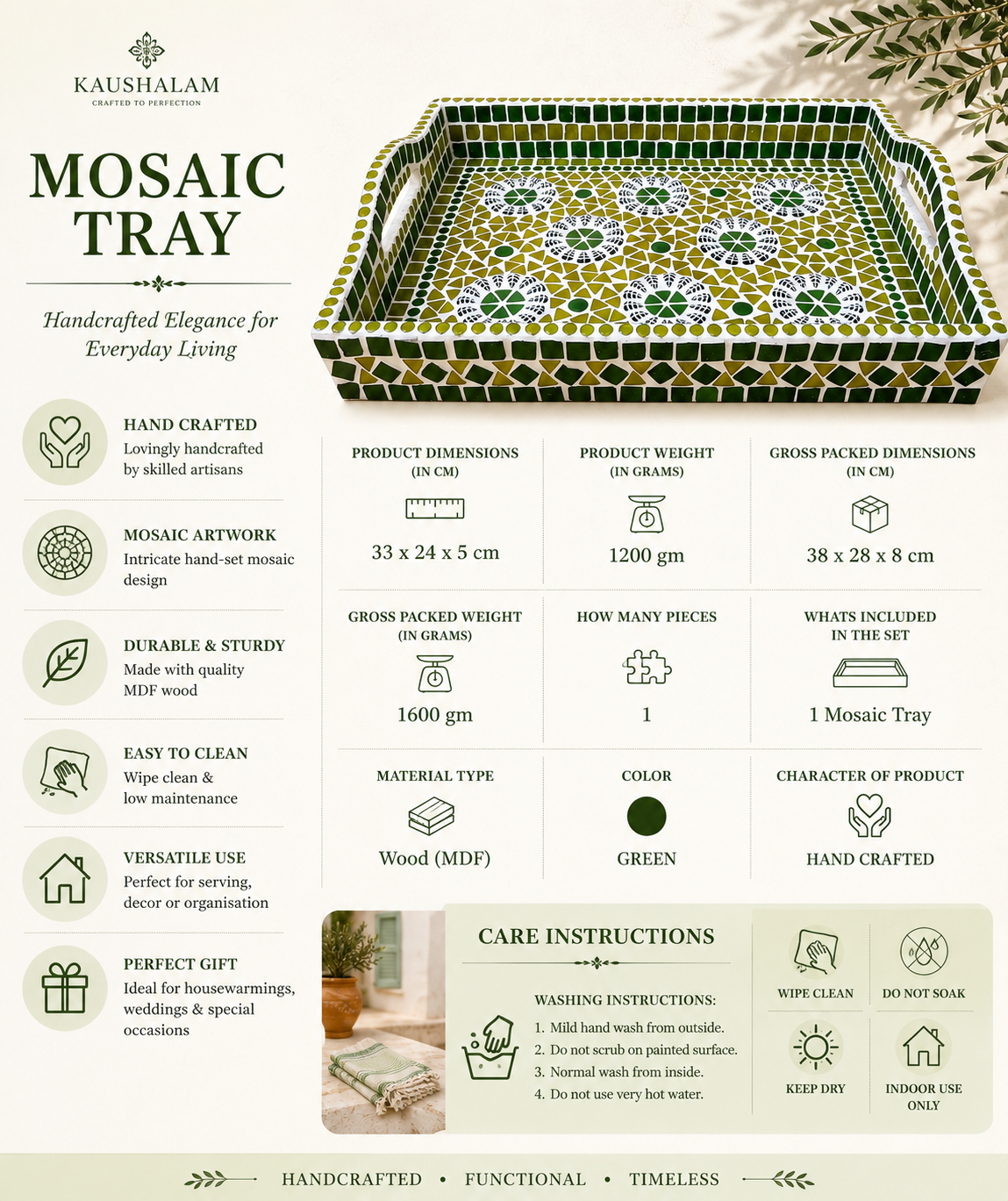 Mosaic Art Hand Made Tray: Green