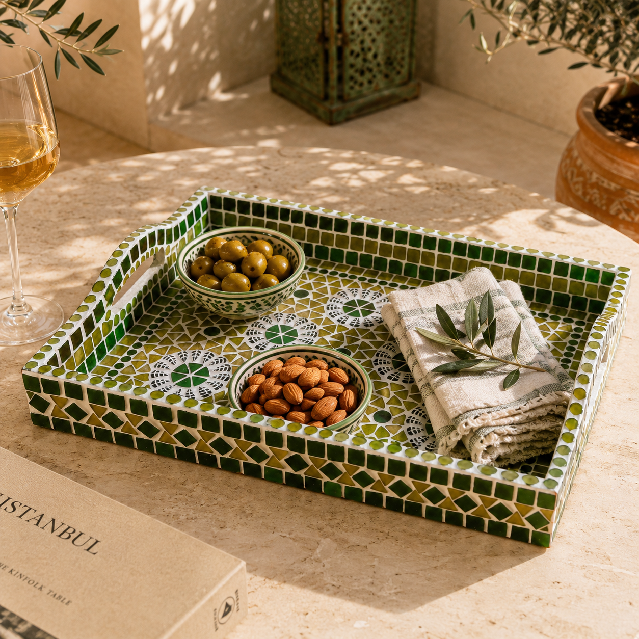 Mosaic Art Hand Made Tray: Green