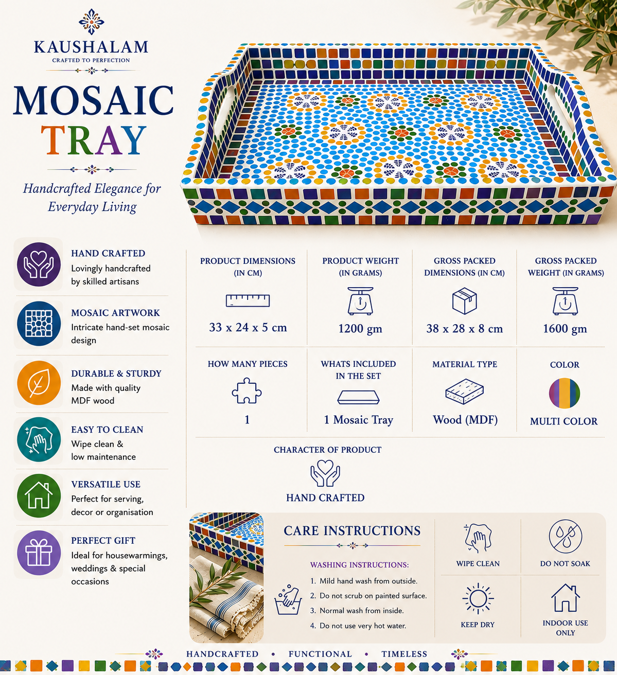 Mosaic Serving Tray : Multi Colored Handmade Tray