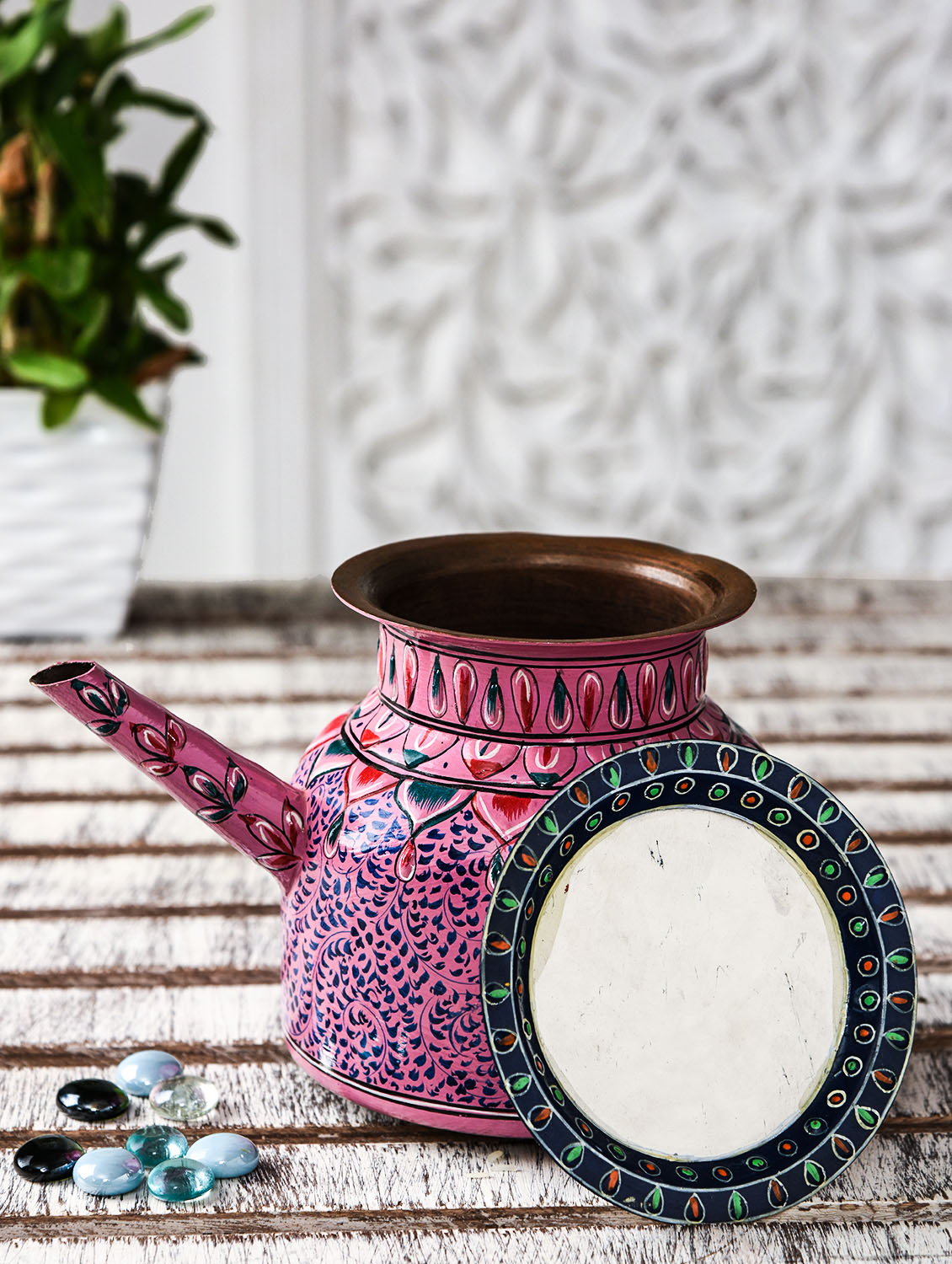 Hand Painted Copper Pitcher : Mughal Pink Hand Painted Copper Pitcher : Mughal Pink