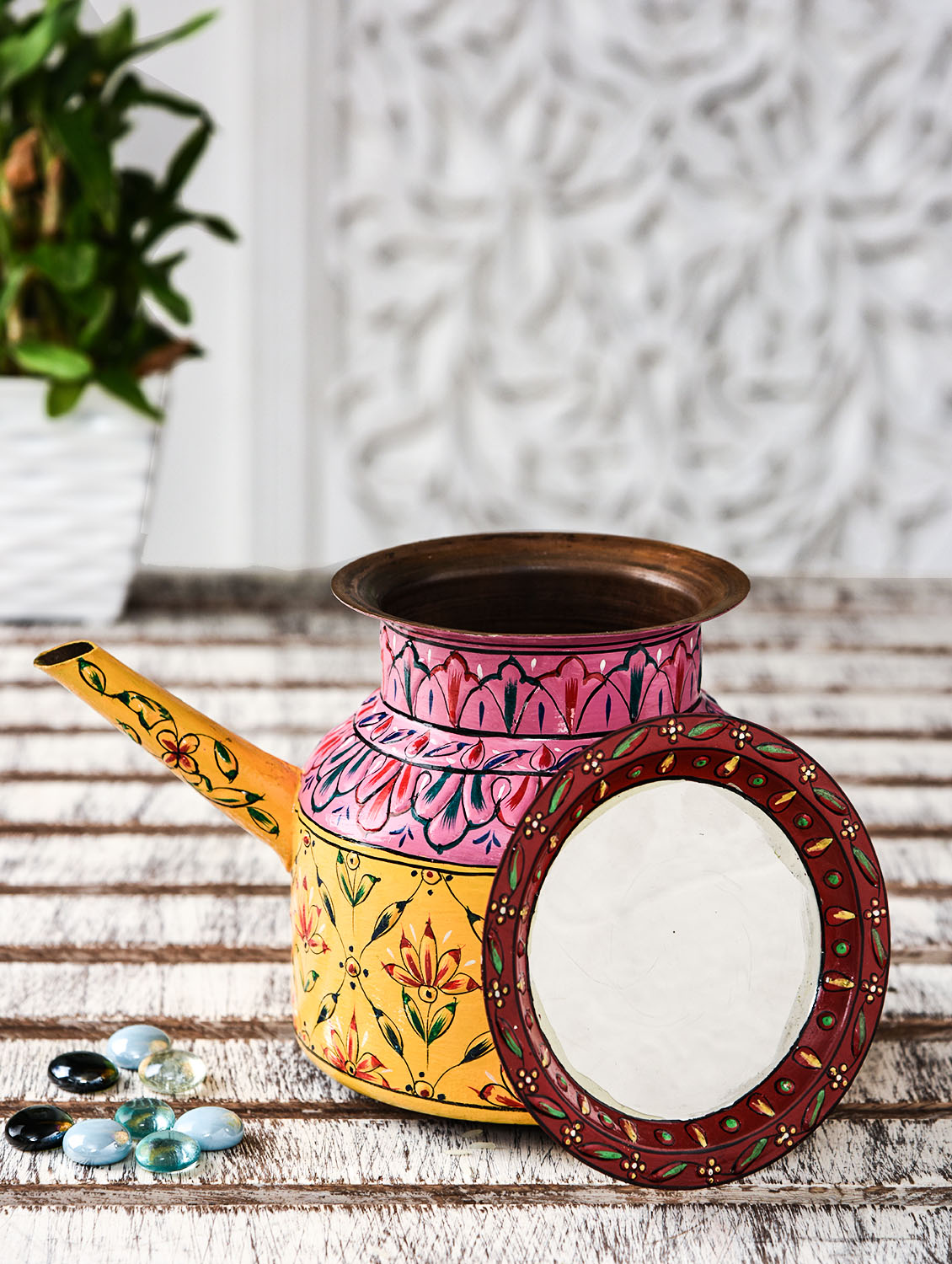 Hand Painted Copper Pitcher : Mughal Yellow Hand Painted Copper Pitcher : Mughal Yellow