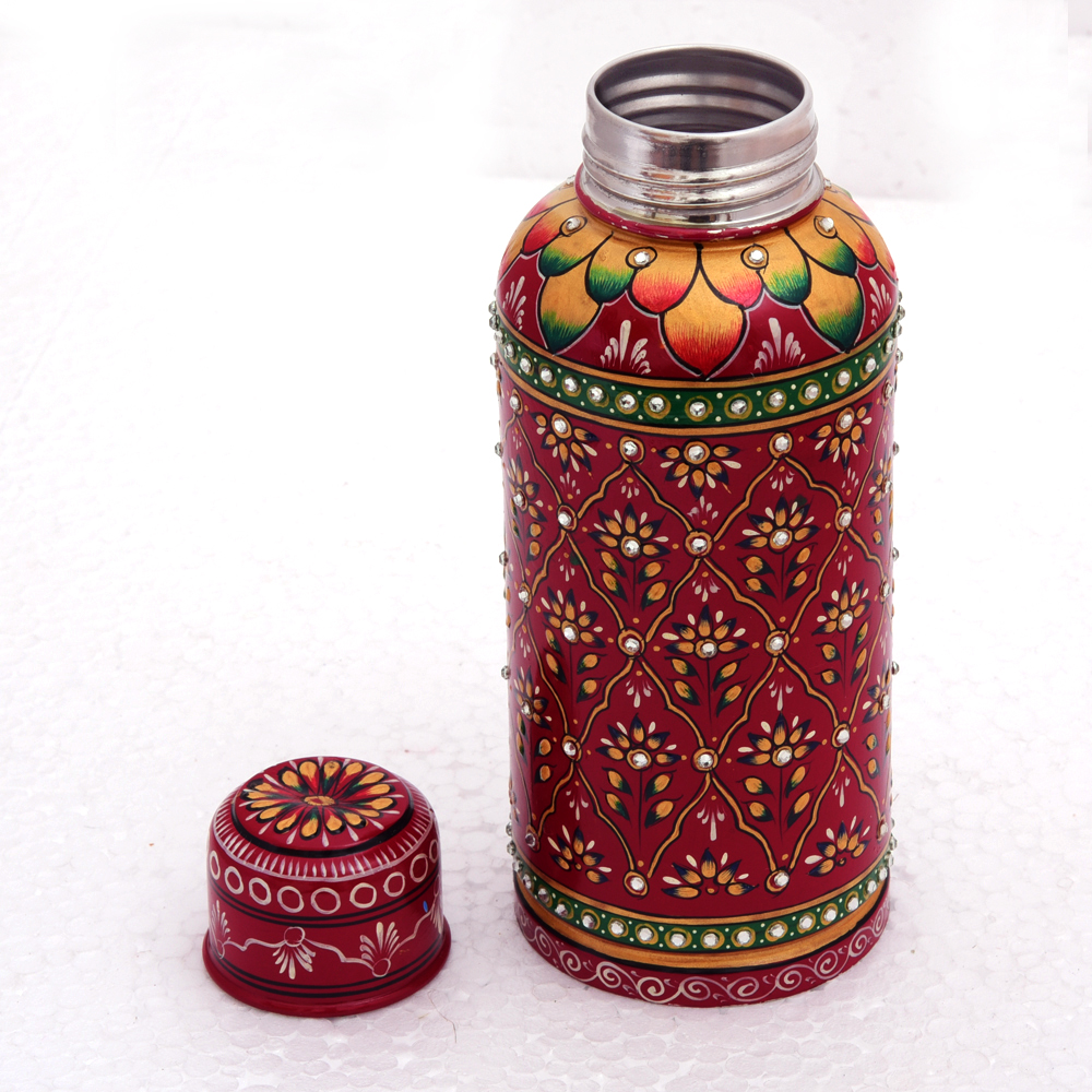 Hand Painted Steel Water Bottle- Maroon with Crystals