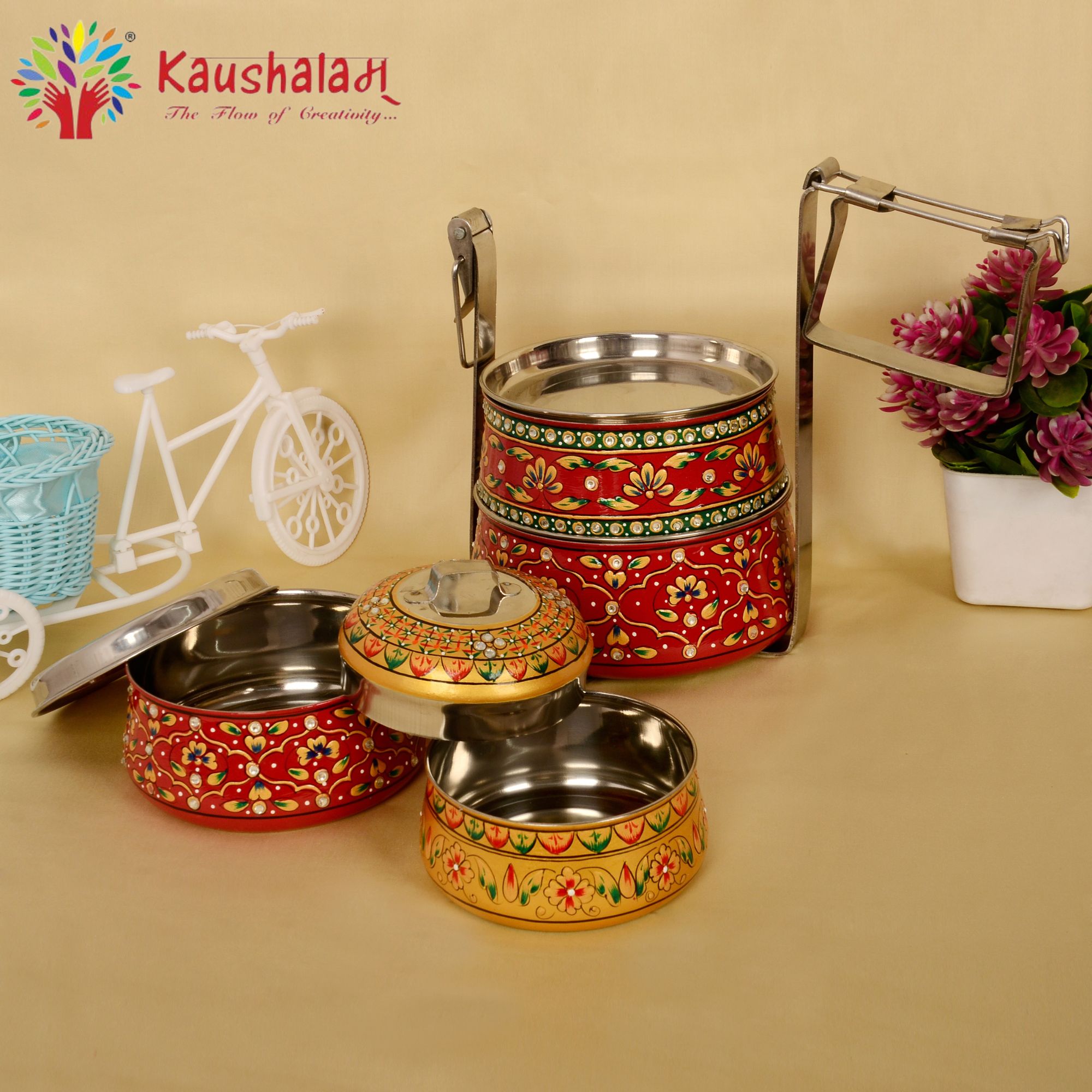 Kaushalam hand painted 4 tier steel pyramid tiffin: Maroon