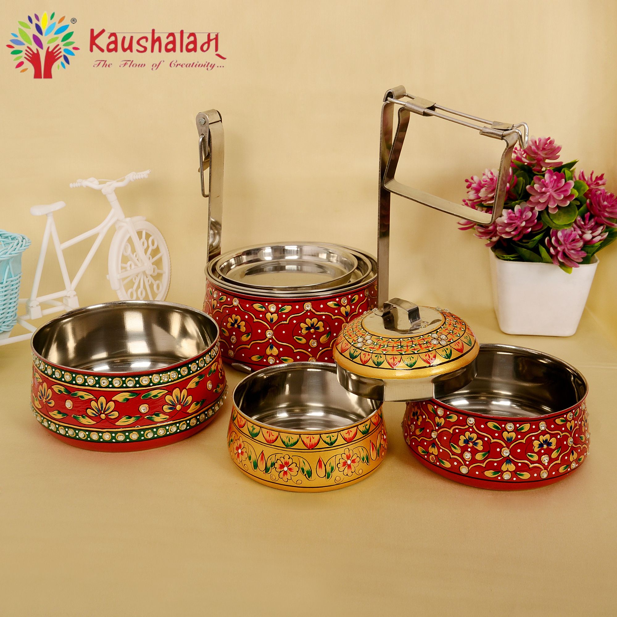 Kaushalam hand painted 4 tier steel pyramid tiffin: Maroon