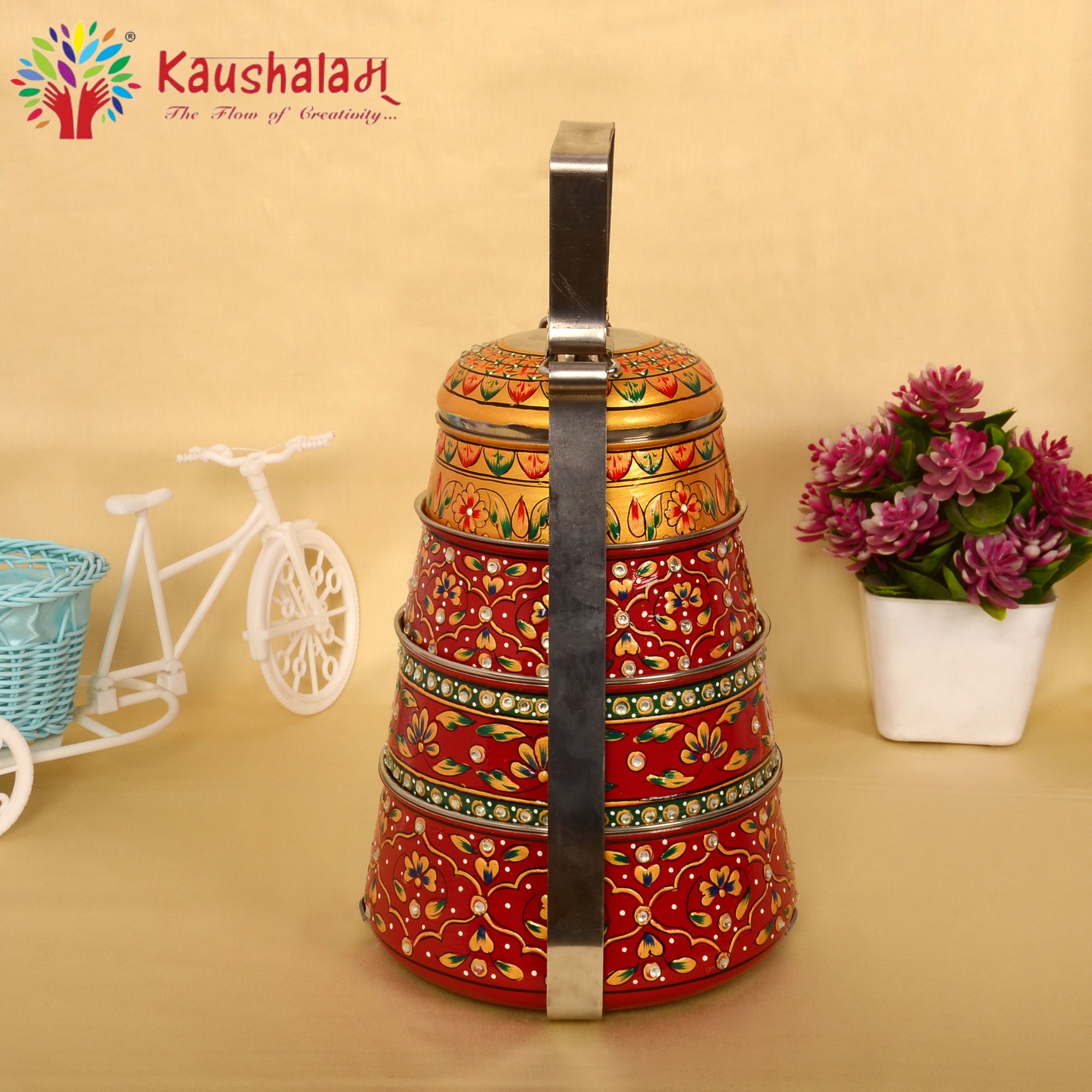 Kaushalam hand painted 4 tier steel pyramid tiffin: Maroon